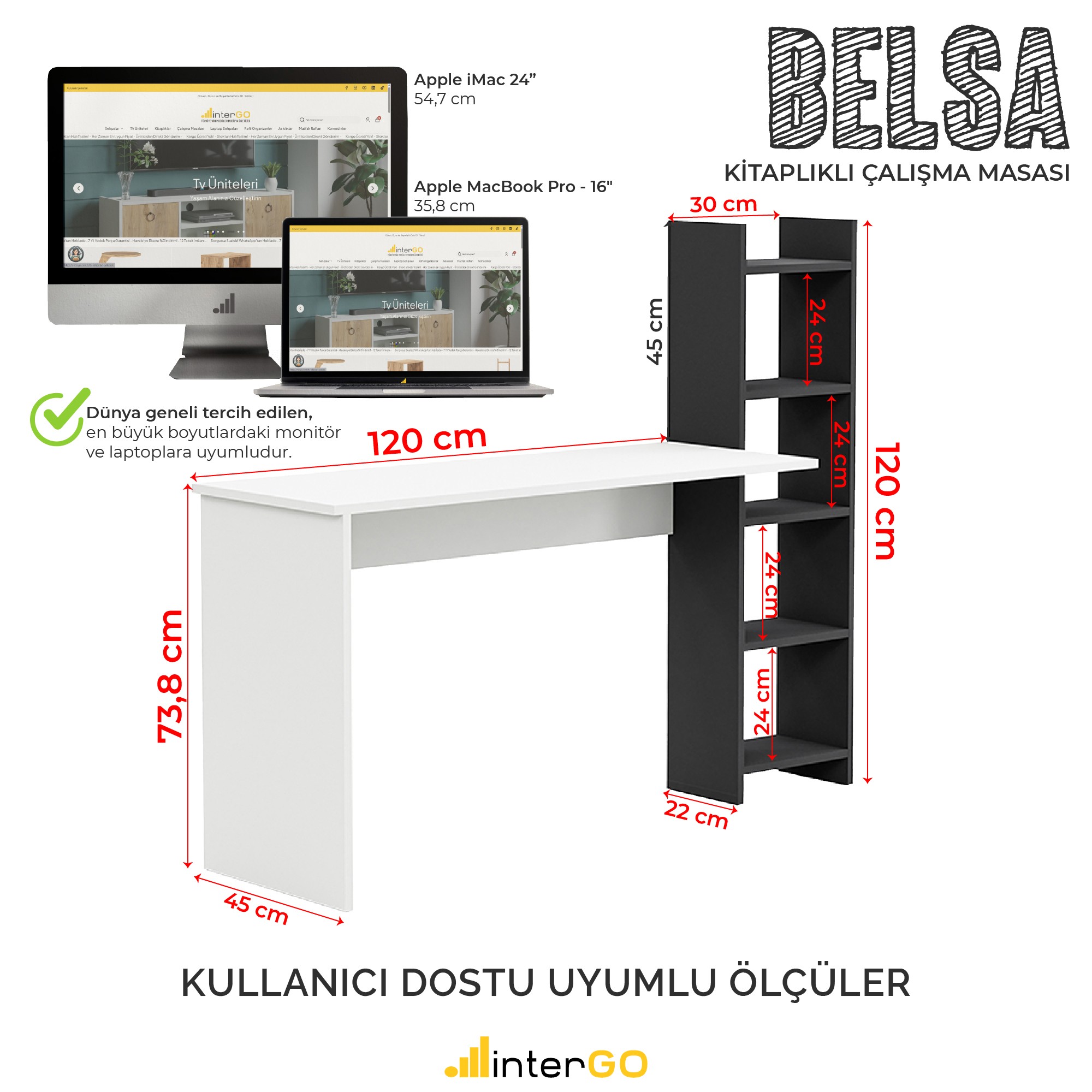 BELSA | Kitaplıklı Çalışma Masası - Beyaz - Gri