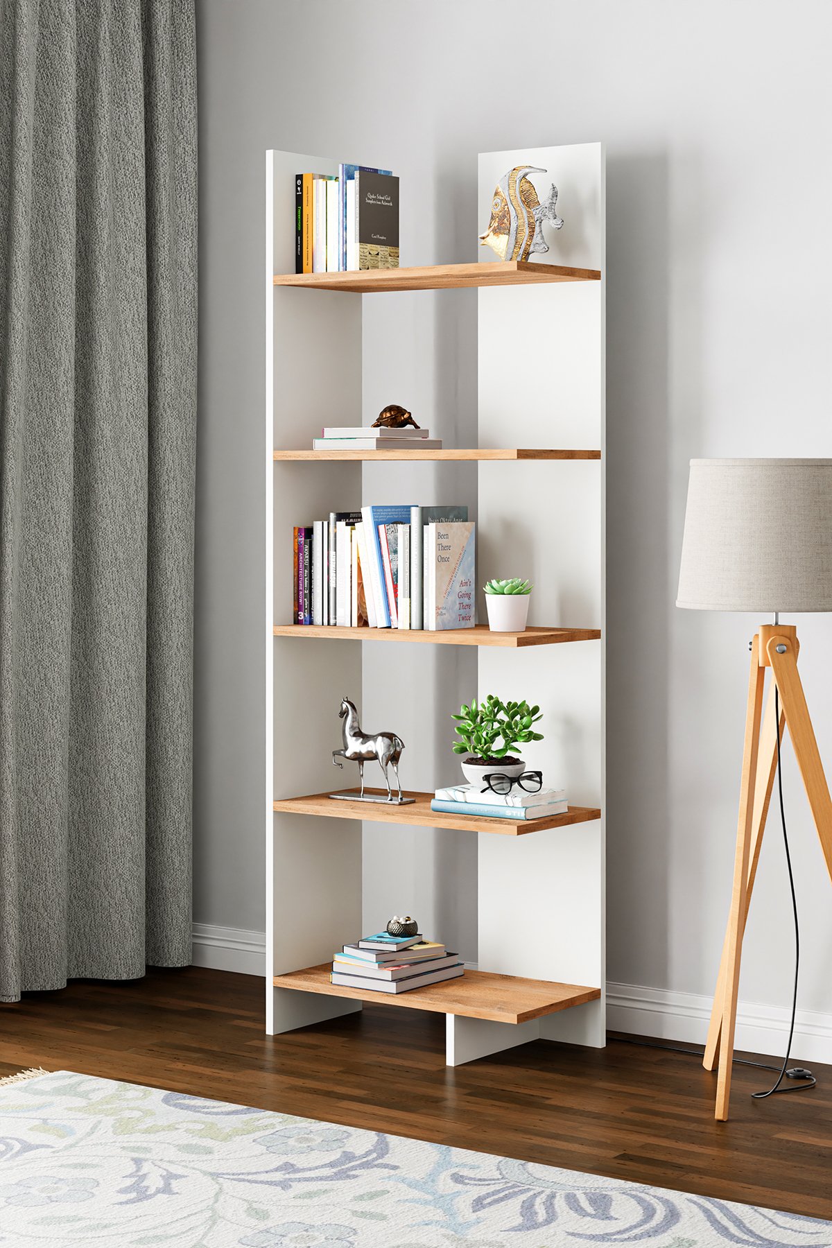 AURA | Köşe Kitaplık| 5 Raflı - Organizer - Beyaz - Atlantik Çam