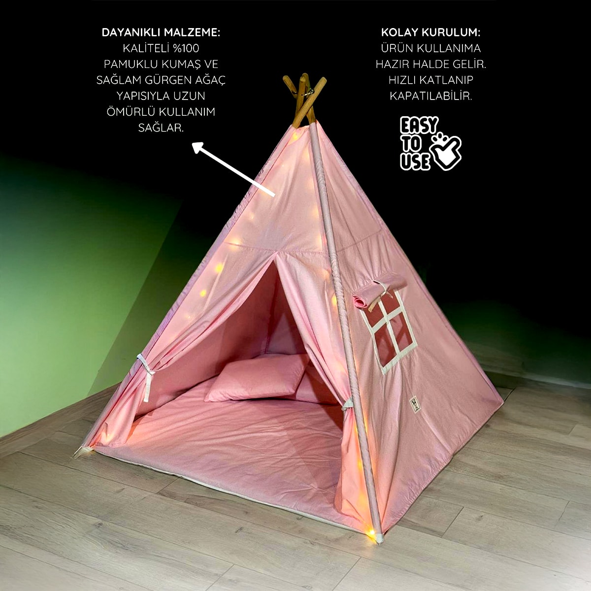 KİDO Işıklı Çocuk Oyun Çadırı | Ahşap Ayaklı Kızıldereli Çadırı Oyun Evi - Pembe