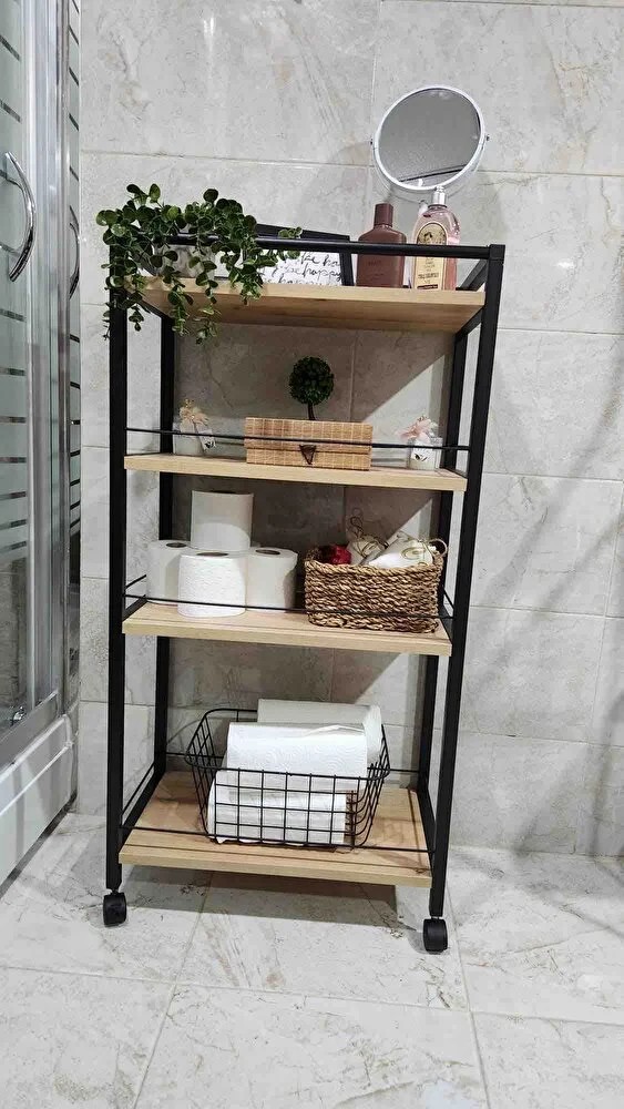 NEVA| Tekerlekli Metal Kiler Düzenleyici | 4 Raflı Kiler Banyo Metal Organizer - Çam