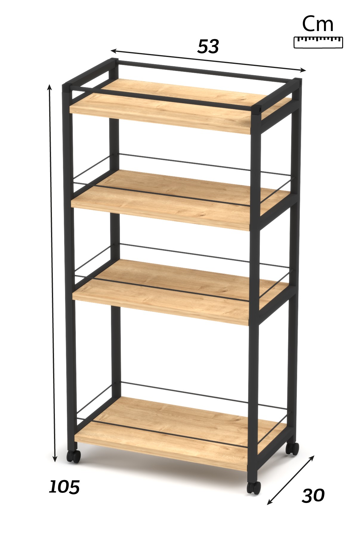 NEVA| Tekerlekli Metal Kiler Düzenleyici | 4 Raflı Kiler Banyo Metal Organizer - Çam
