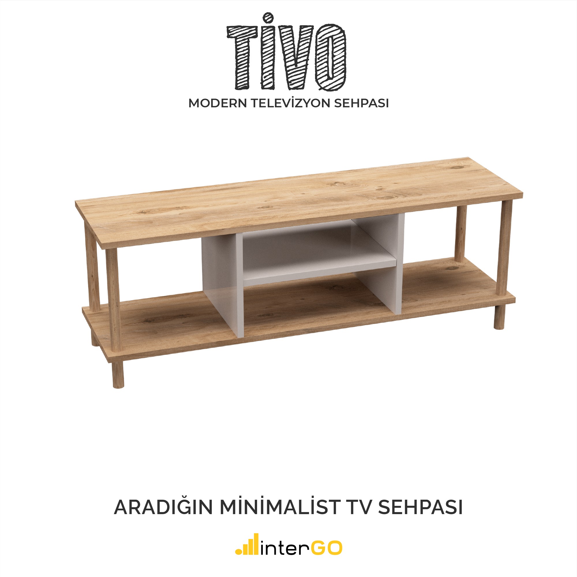 TİVO Modern Televizyon Sehpası 120 cm | Ahşap Ayaklı Raflı Tv Sehpası - Çam - Beyaz