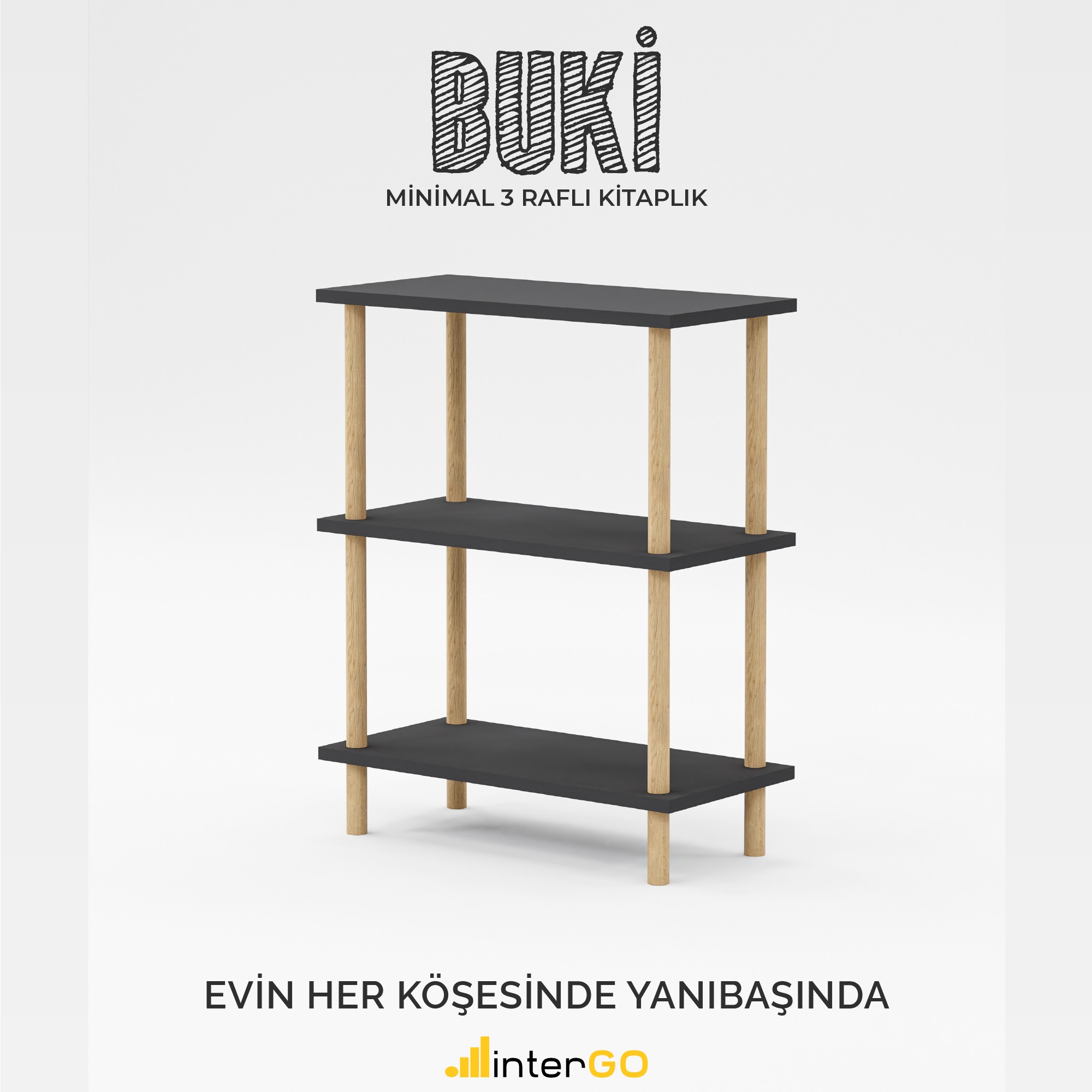 BUKİ İskandinav Kitaplık | 3 Raflı Çok Amaçlı Düzenleyici - Antrasit