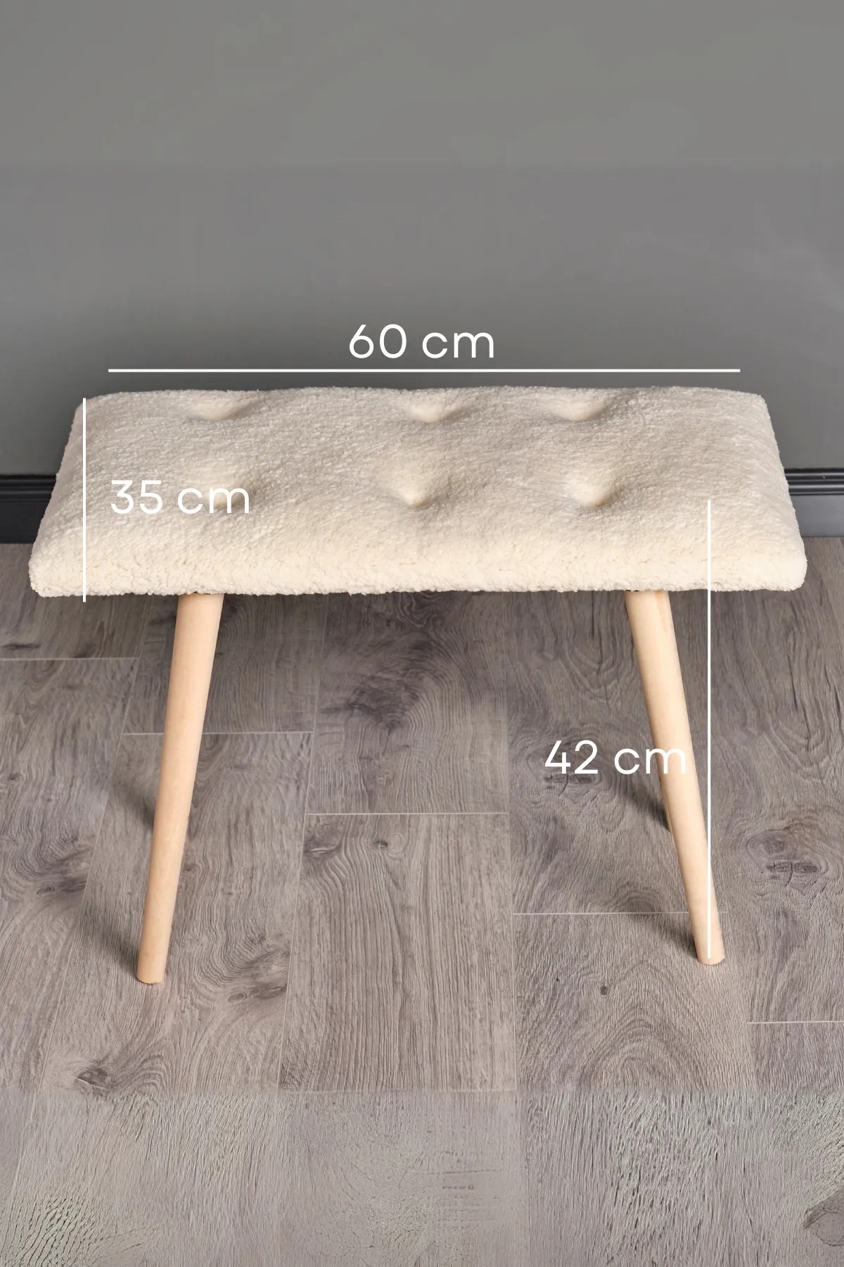 BENK | Retro  Puf | Ahşap Ayaklı | Kuzu Tüyü Bench Koltuk | Makyaj Pufu
