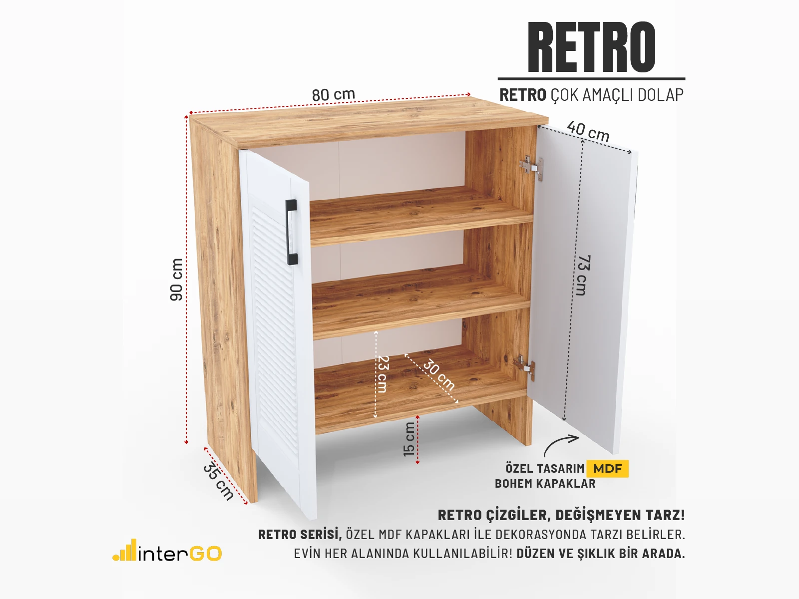 RETRO Çok Amaçlı Dolap | MDF Çift Kapak | Ayakkabılık, Kiler Dolabı, Mutfak Dolabı