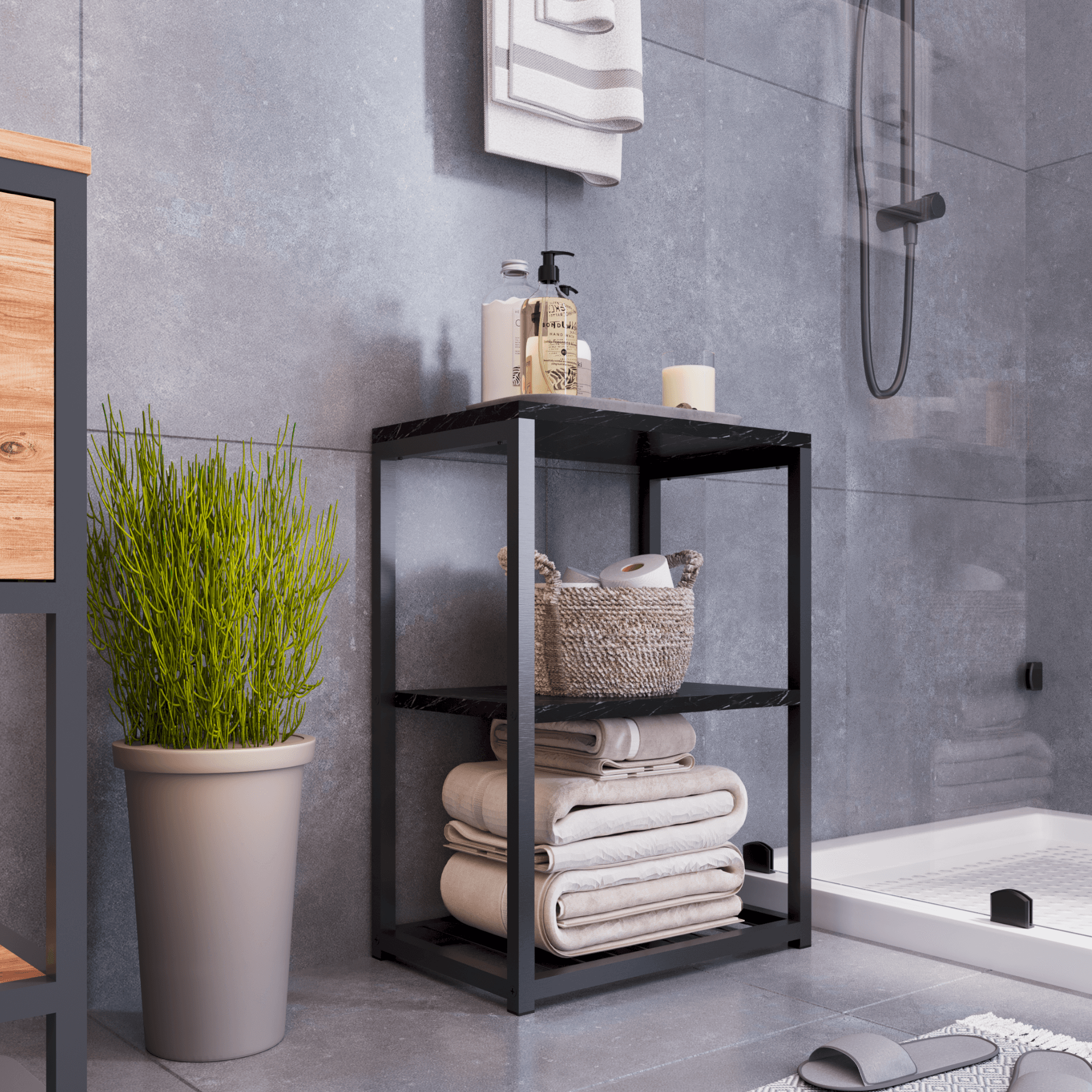 BRİDA Banyo Rafı Ahşap Raflı Çok Amaçlı Organizer - Siyah Mermer
