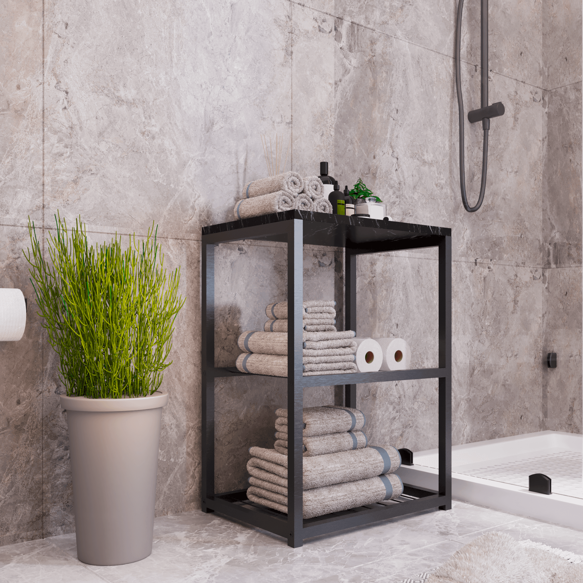 BRAFF Banyo Rafı Organizer Tel Raflı - Siyah Mermer