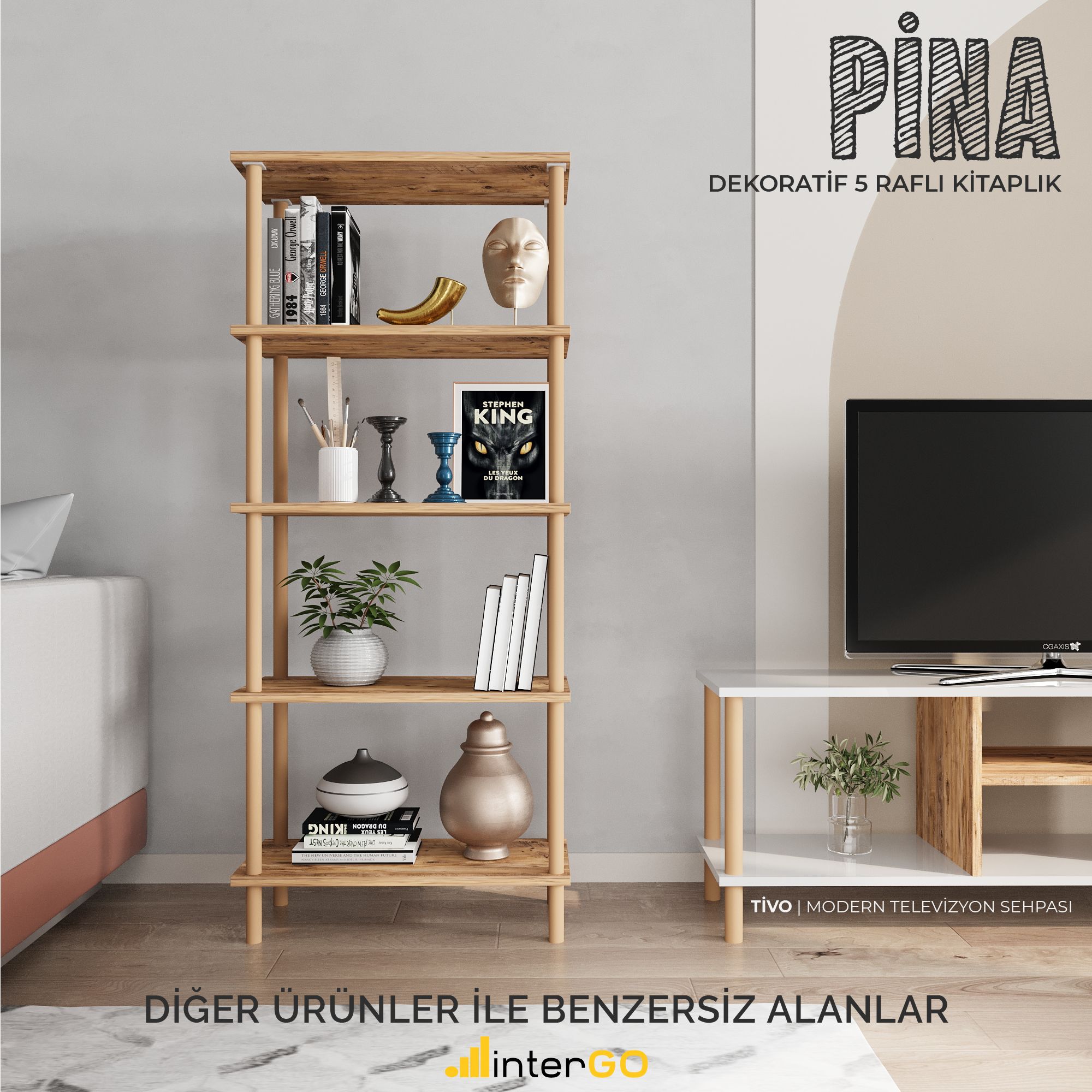 PİNA | Dekoratif Kitaplık | 5 Raflı - Organizer