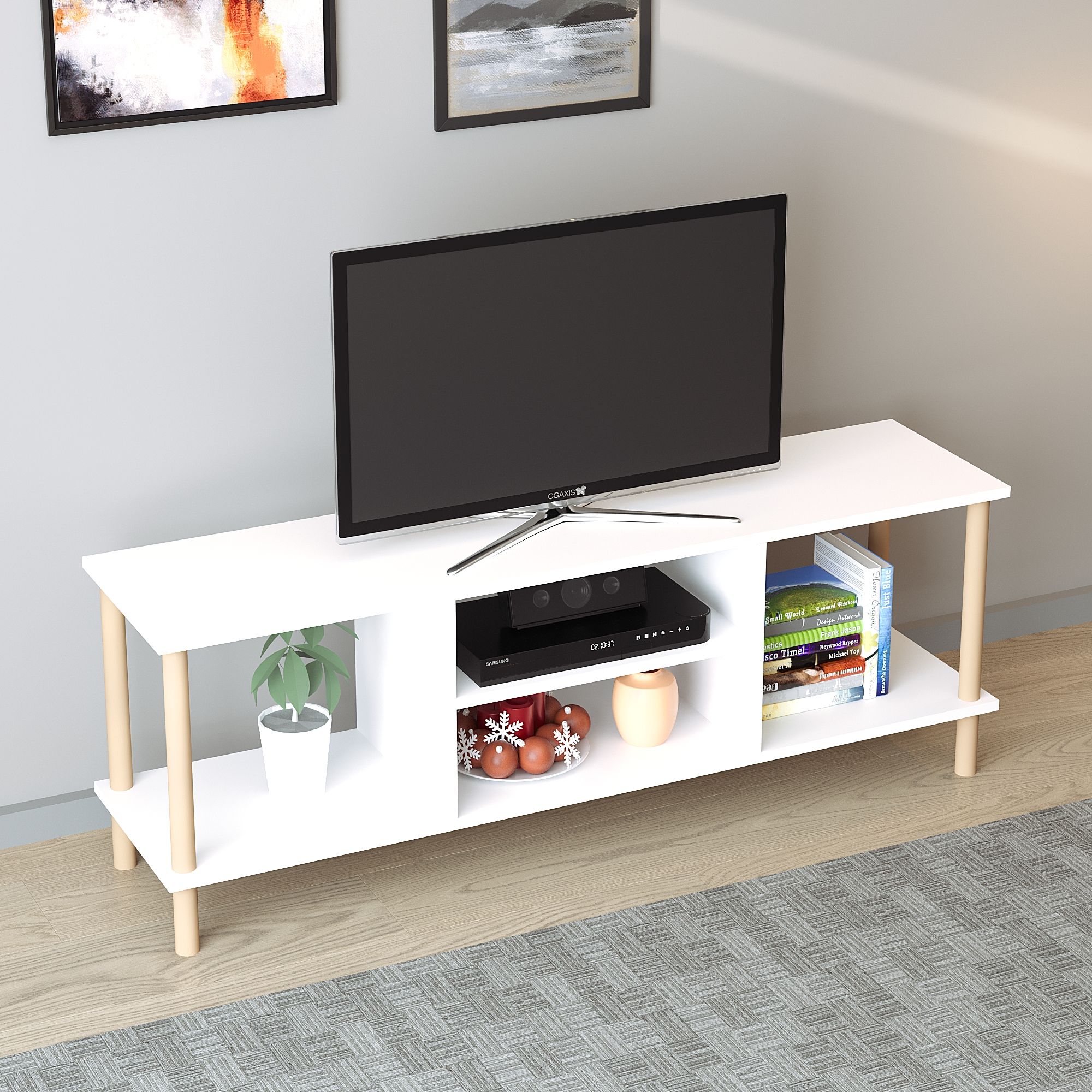 TİVO Modern Televizyon Sehpası 120 cm | Ahşap Ayaklı Raflı Tv Sehpası - Beyaz