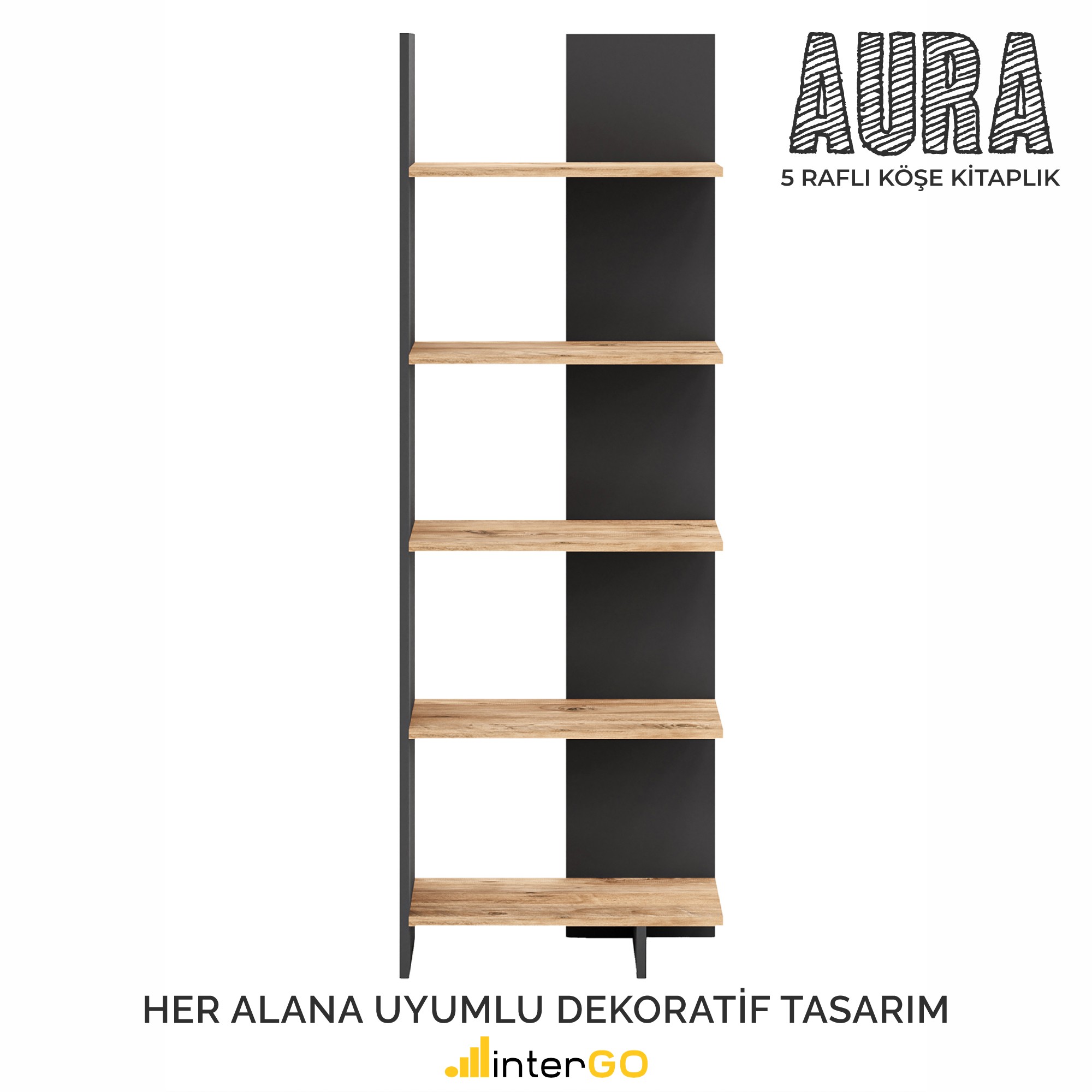 AURA 5 Raflı Kitaplık | Köşe Kitaplık | Asimetrik - Antrasit - Çam