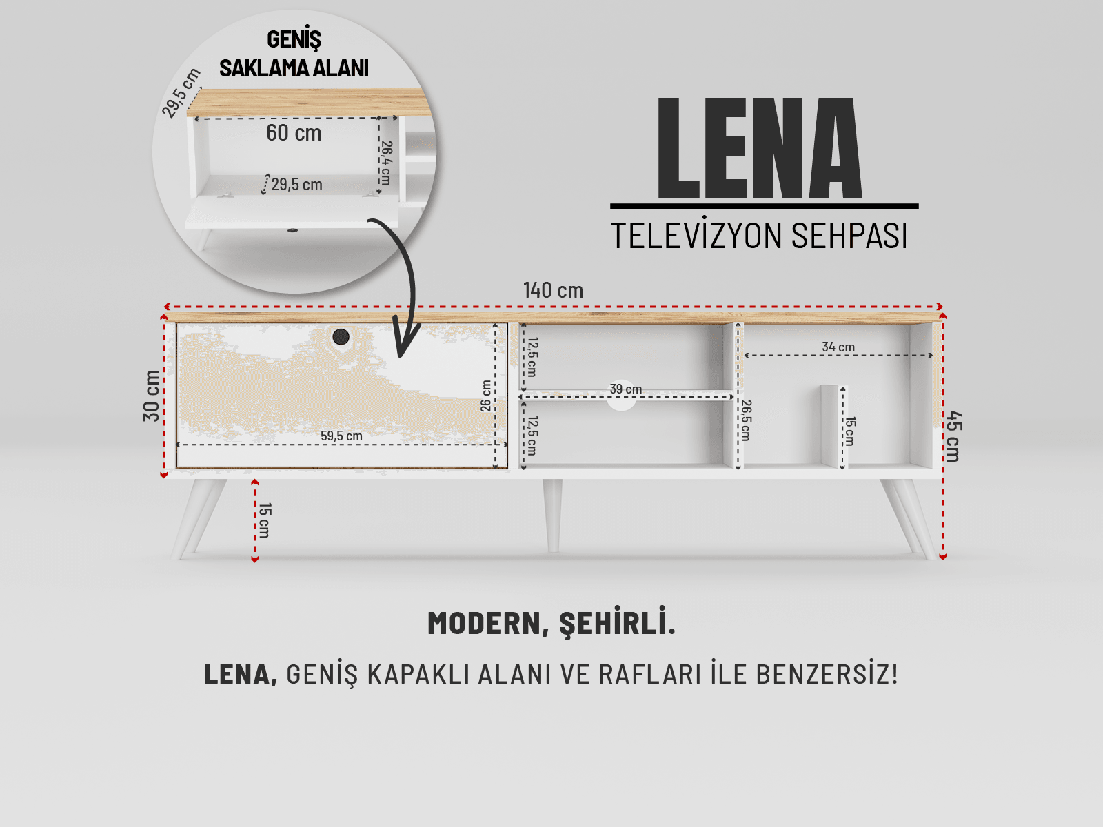 LENA 140 cm Geniş Kapaklı Televizyon Sehpası | Özel Kitaplık Bölümlü Tv Sehpası