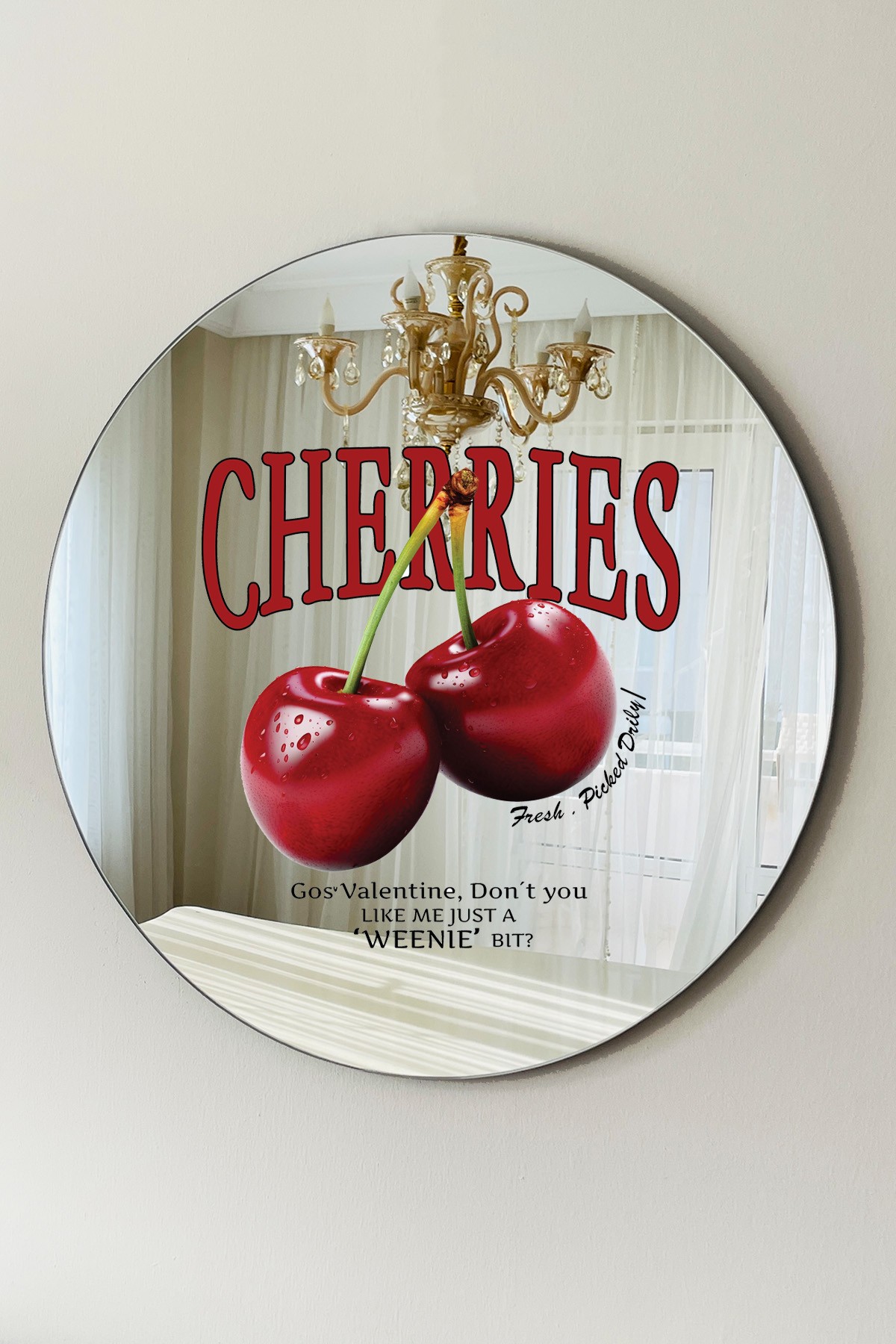 MORA Serisi Yuvarlak Ayna | Dekoratif Ayna | Özel Tasarım Baskılı Ayna - Cherries