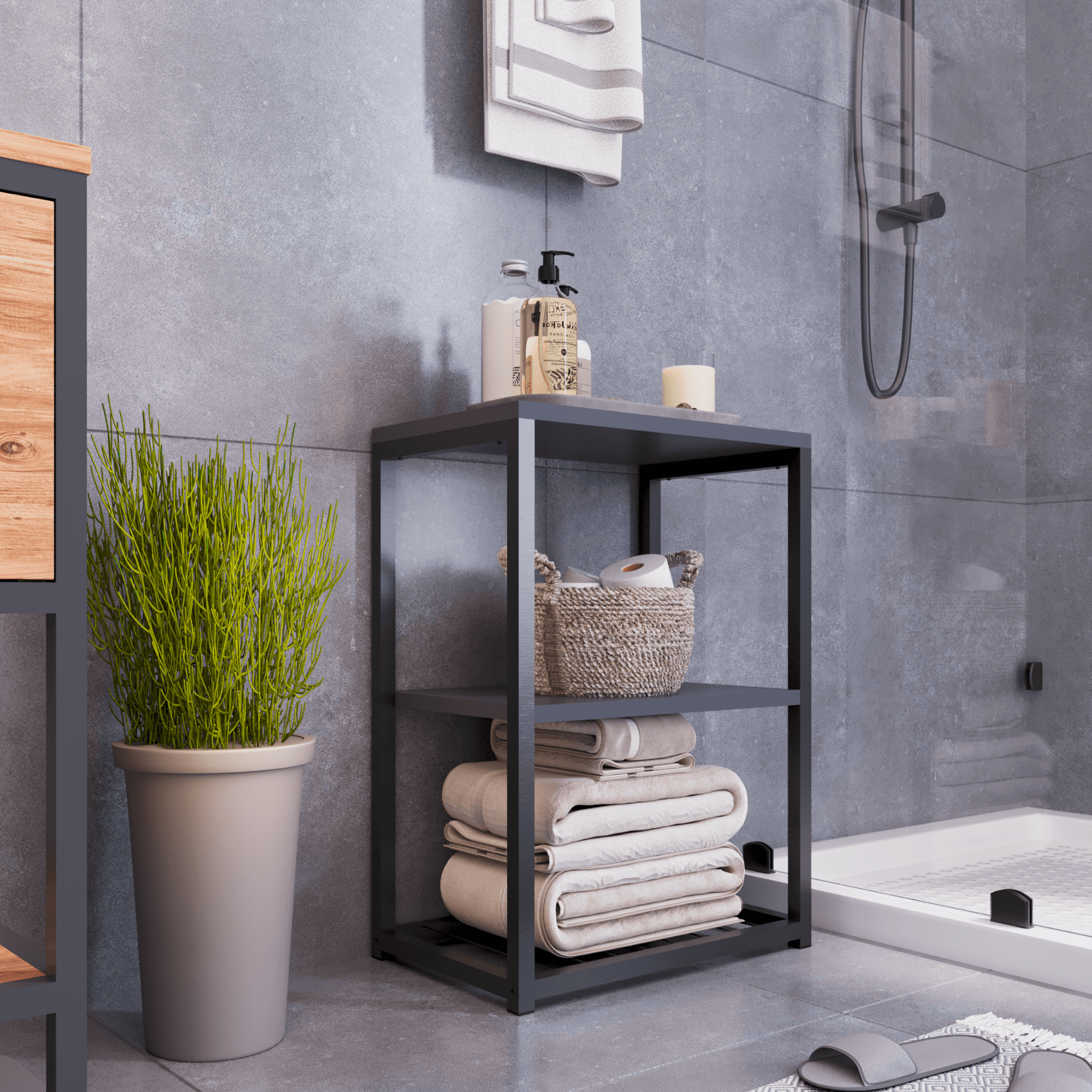 BRİDA Banyo Rafı Ahşap Raflı Çok Amaçlı Organizer - Antrasit Gri