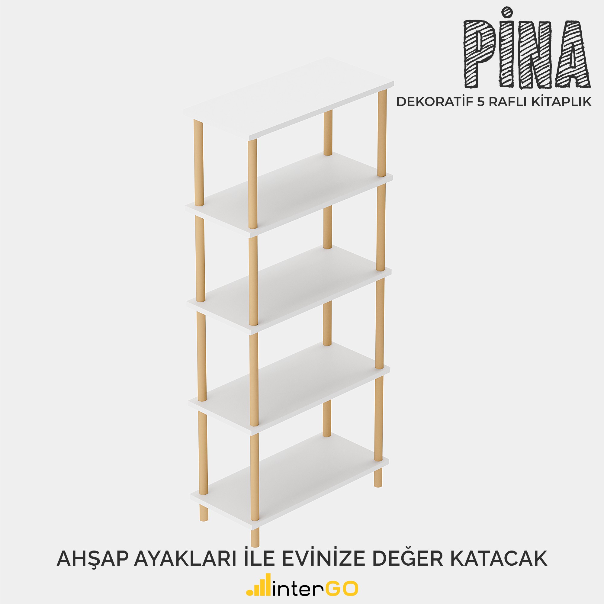 PİNA Ahşap Ayaklı Kitaplık | 5 Raflı - Düzenleyici - Beyaz