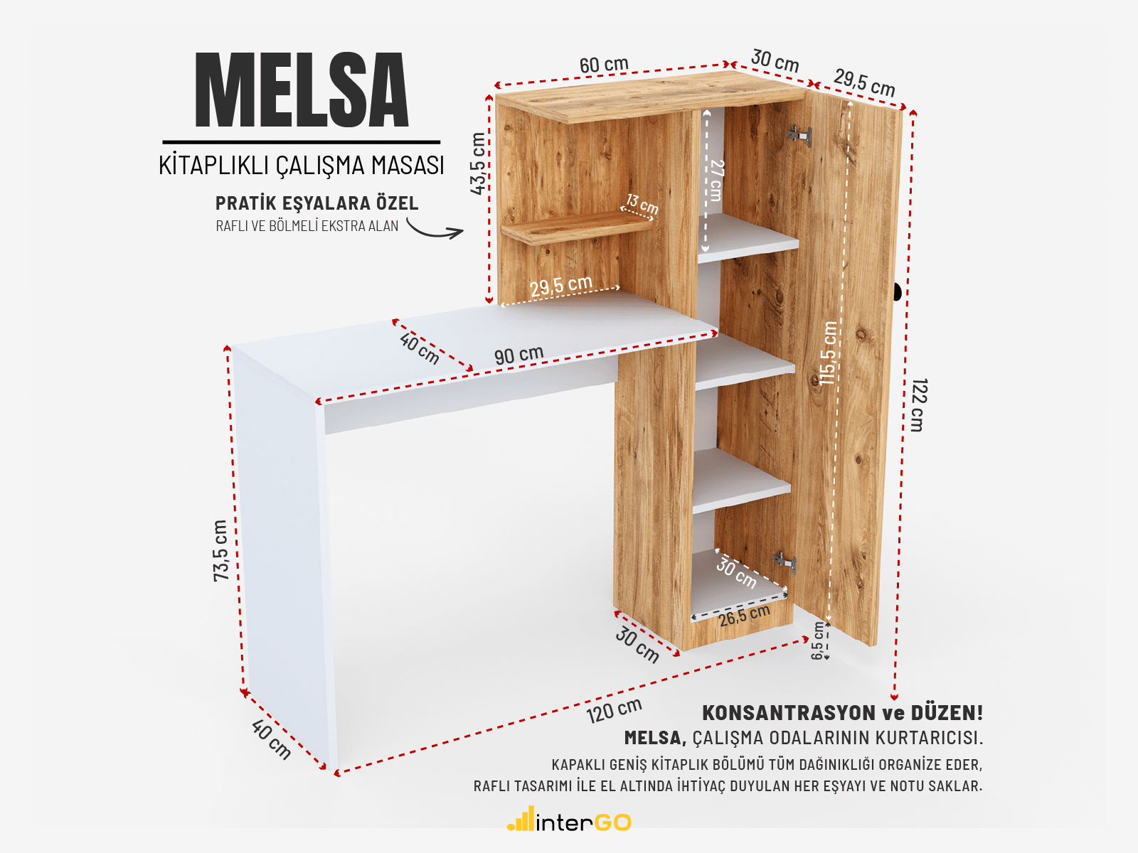 MELSA Kitaplıklı Çalışma Masası | Kapaklı Raflı Bilgisayar Masası