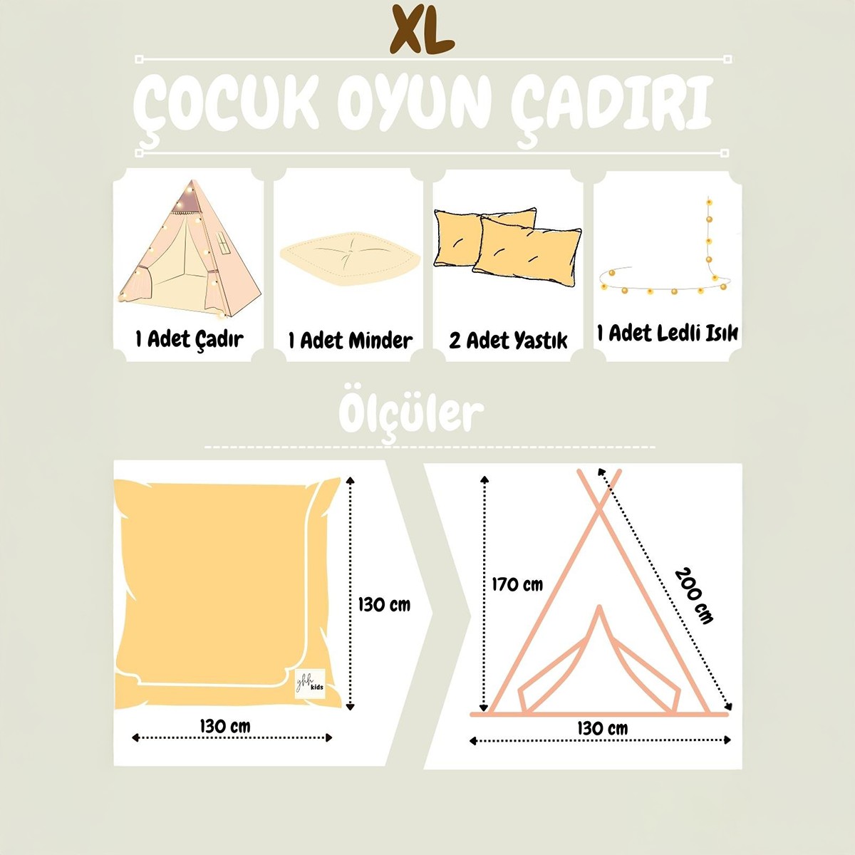 CHEF XL | Büyük Boy Çocuk Oyun Çadırı | Işıklı Kızıldereli Çadırı | Minder ve Yastıklı Oyun Evi 