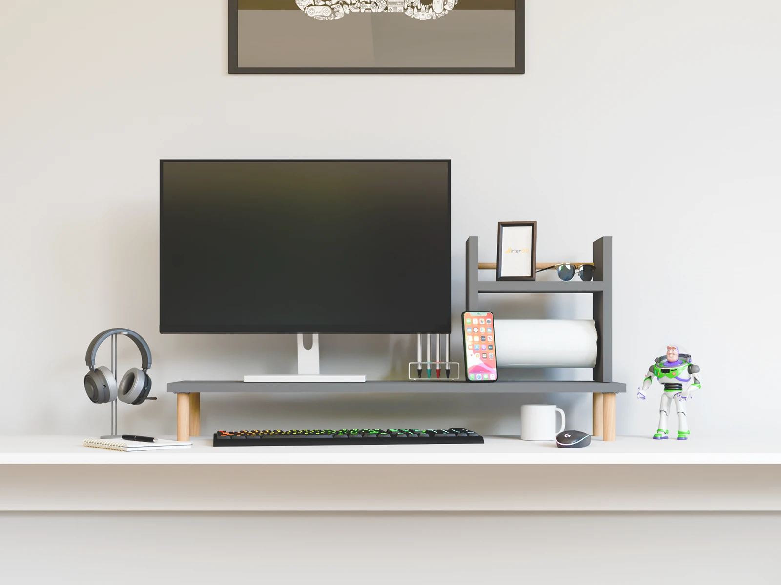 SETO Masaüstü Organizer Set / Monitör Yükseltici Stand / Havluluklu Raf - Antrasit