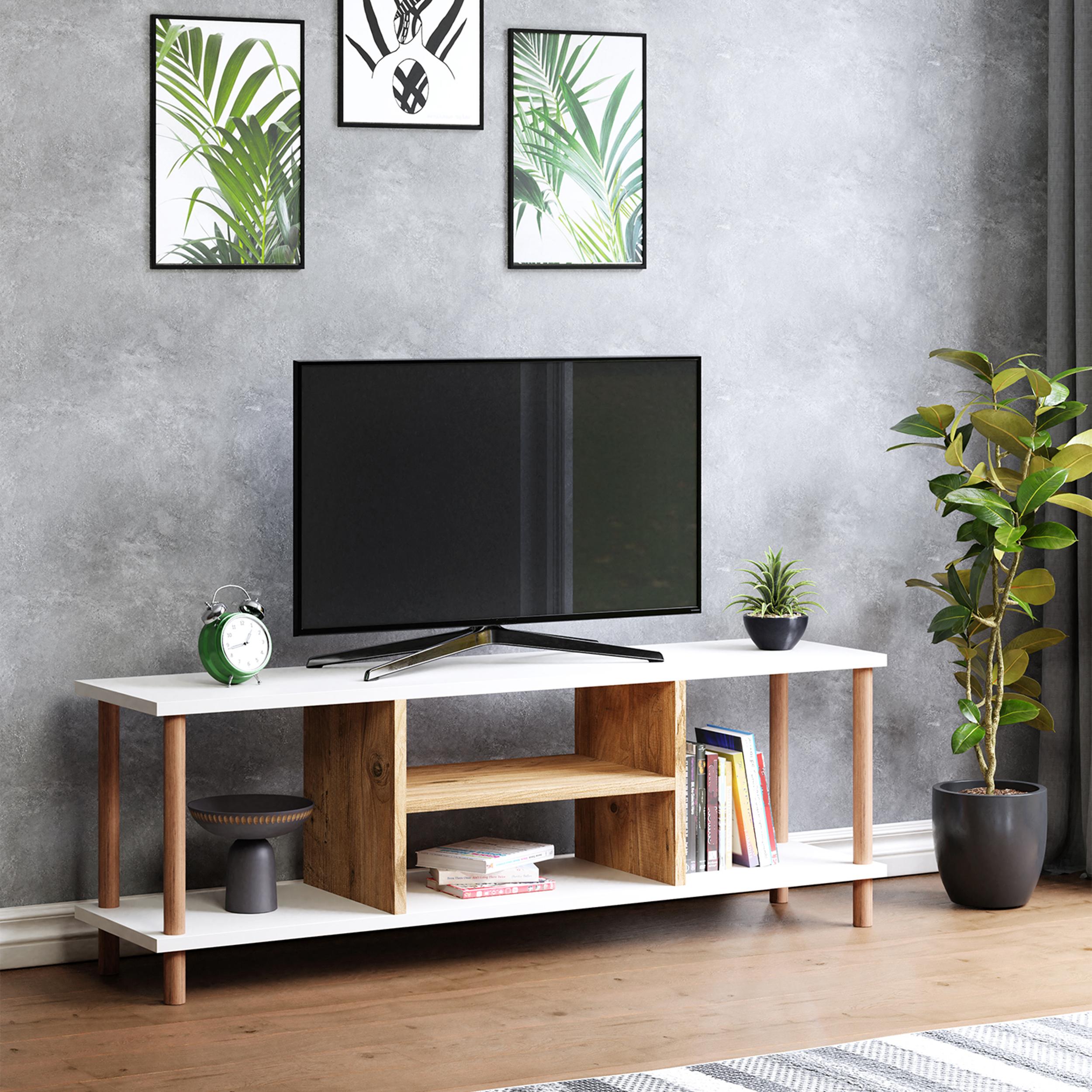 TİVO | Modern Televizyon Sehpası | Raflı - Beyaz - Atlantik Çam