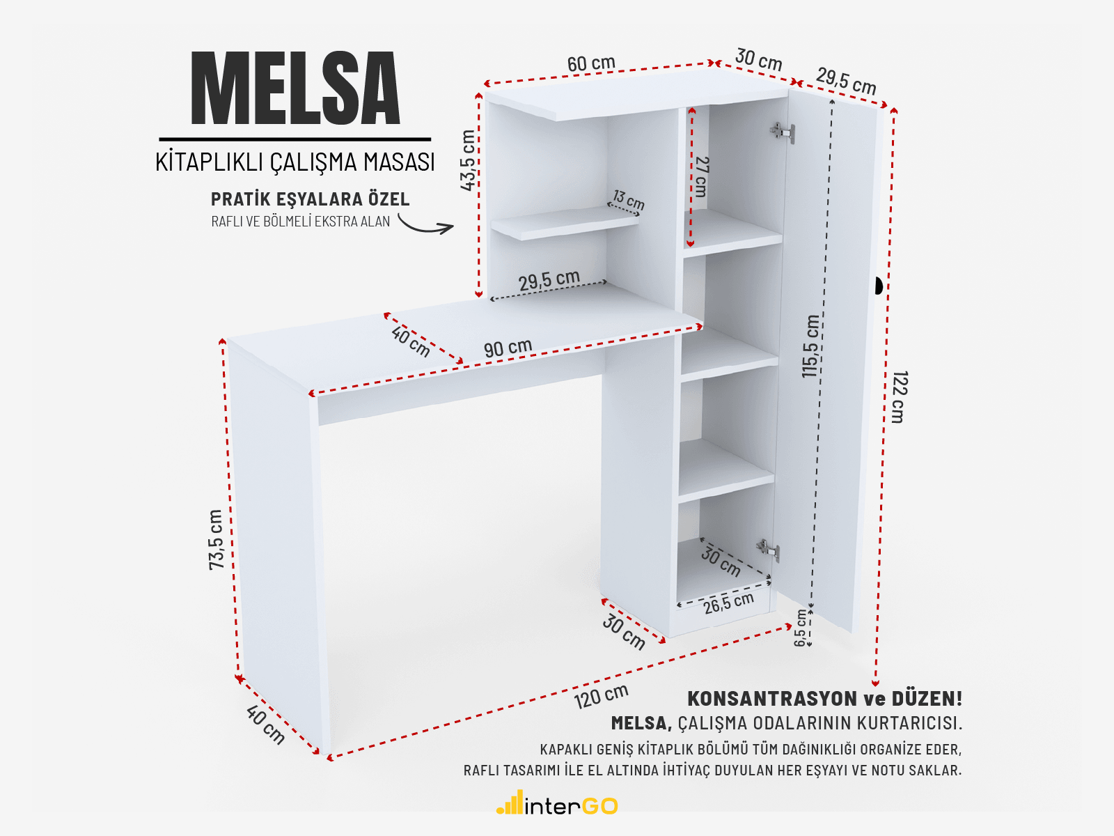 MELSA Kitaplıklı Çalışma Masası | Kapaklı Raflı Bilgisayar Masası - Beyaz