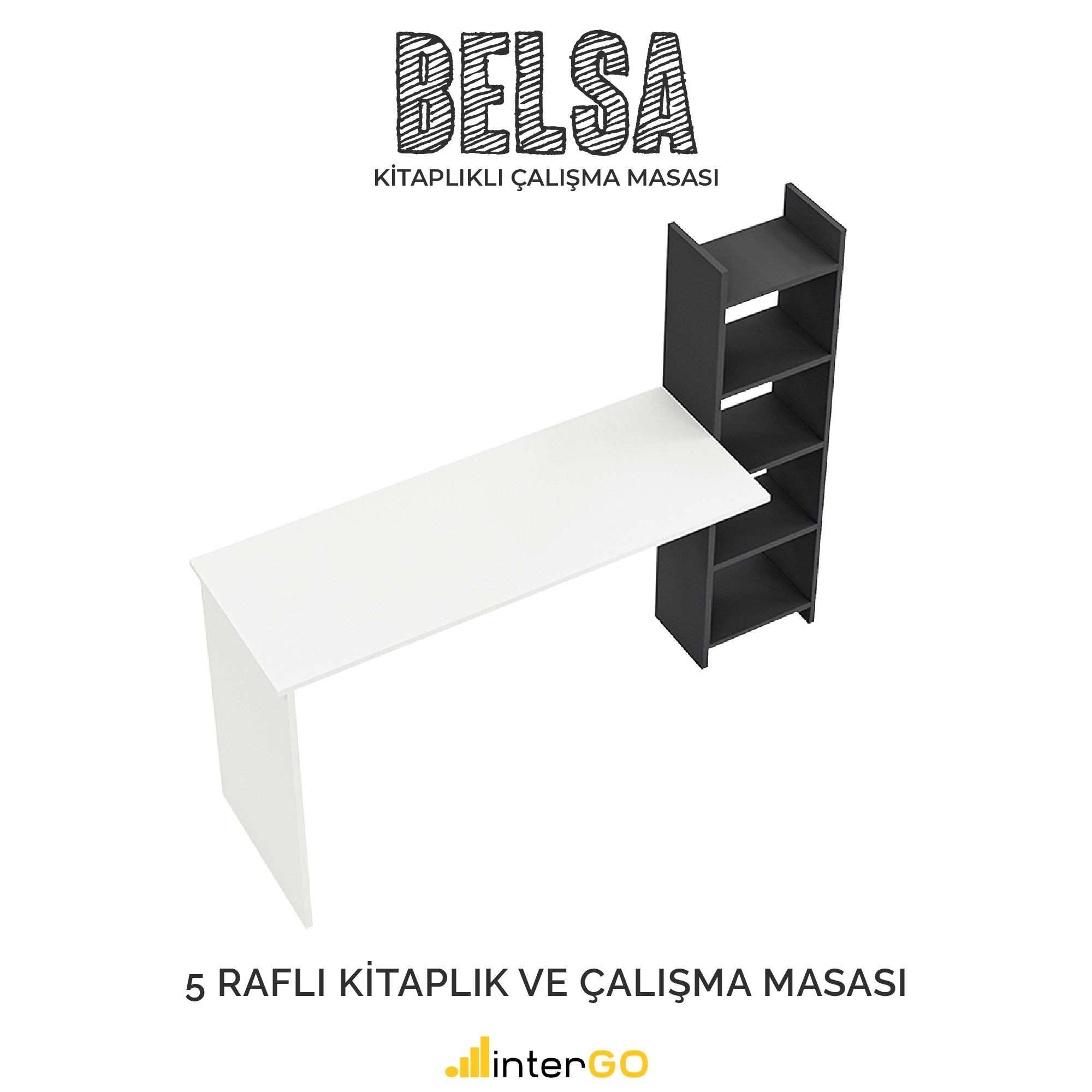 BELSA | Kitaplıklı Çalışma Masası - Beyaz - Gri