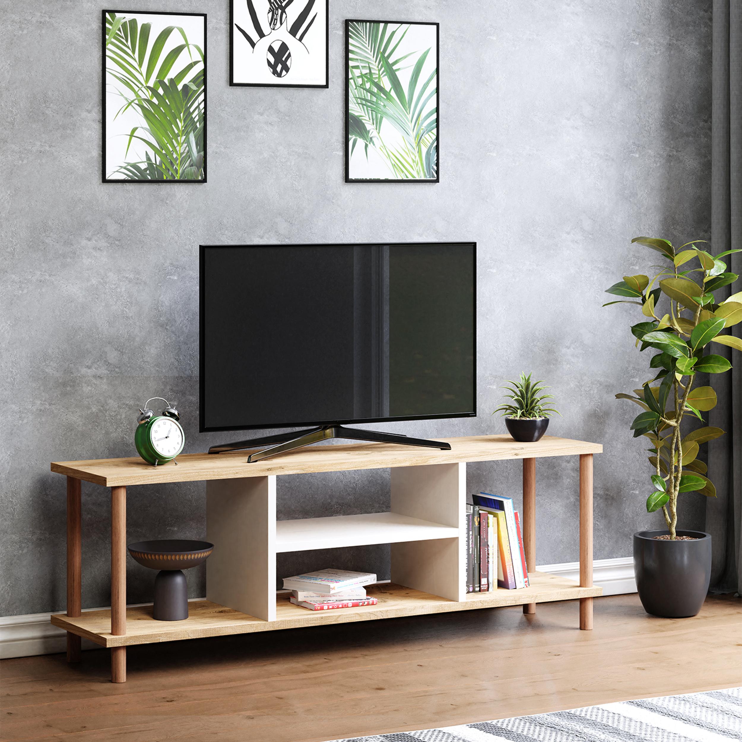 TİVO | Modern Televizyon Sehpası | Raflı - Atlantik Çam - Beyaz