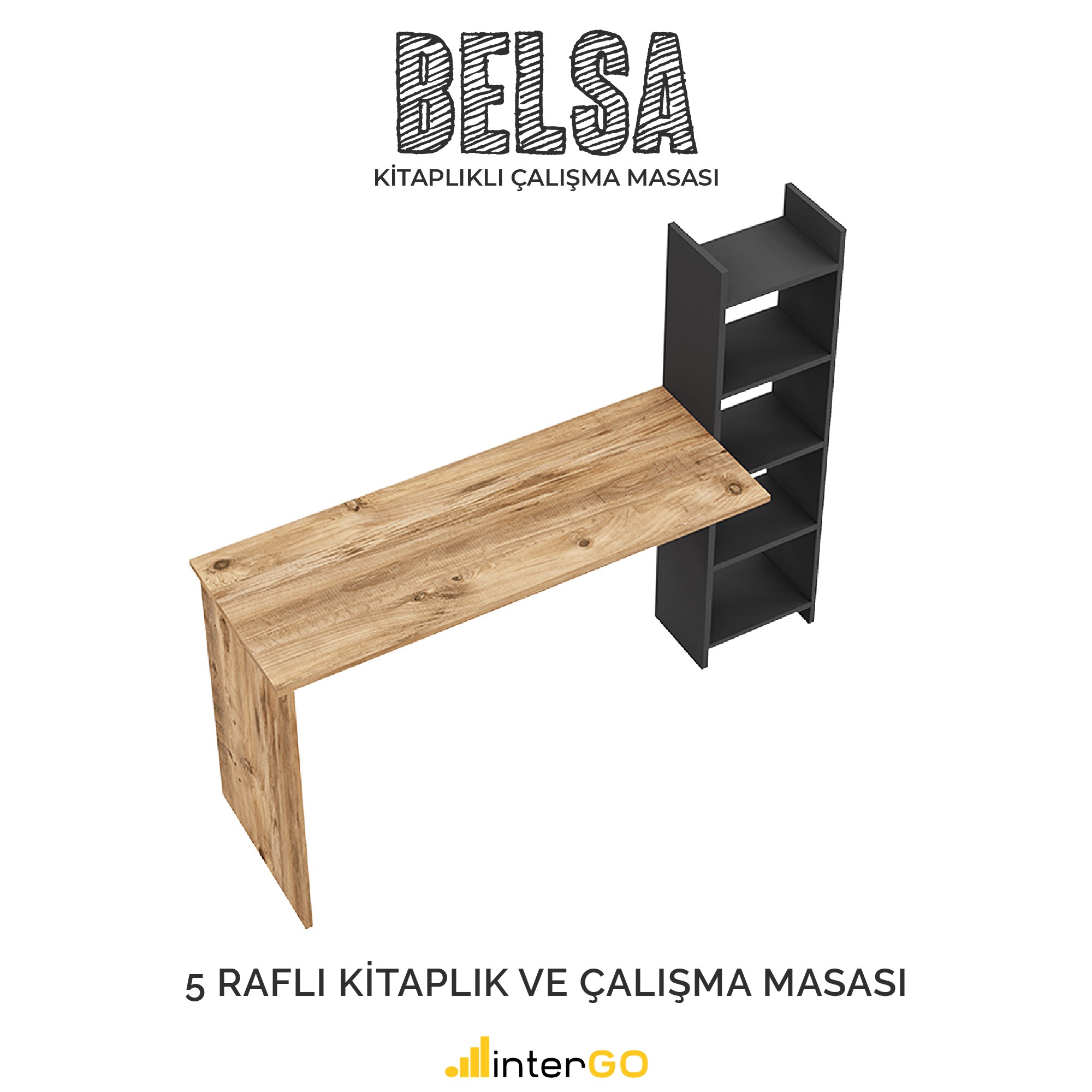 BELSA | Kitaplıklı Çalışma Masası - Atlantik Çam - Gri