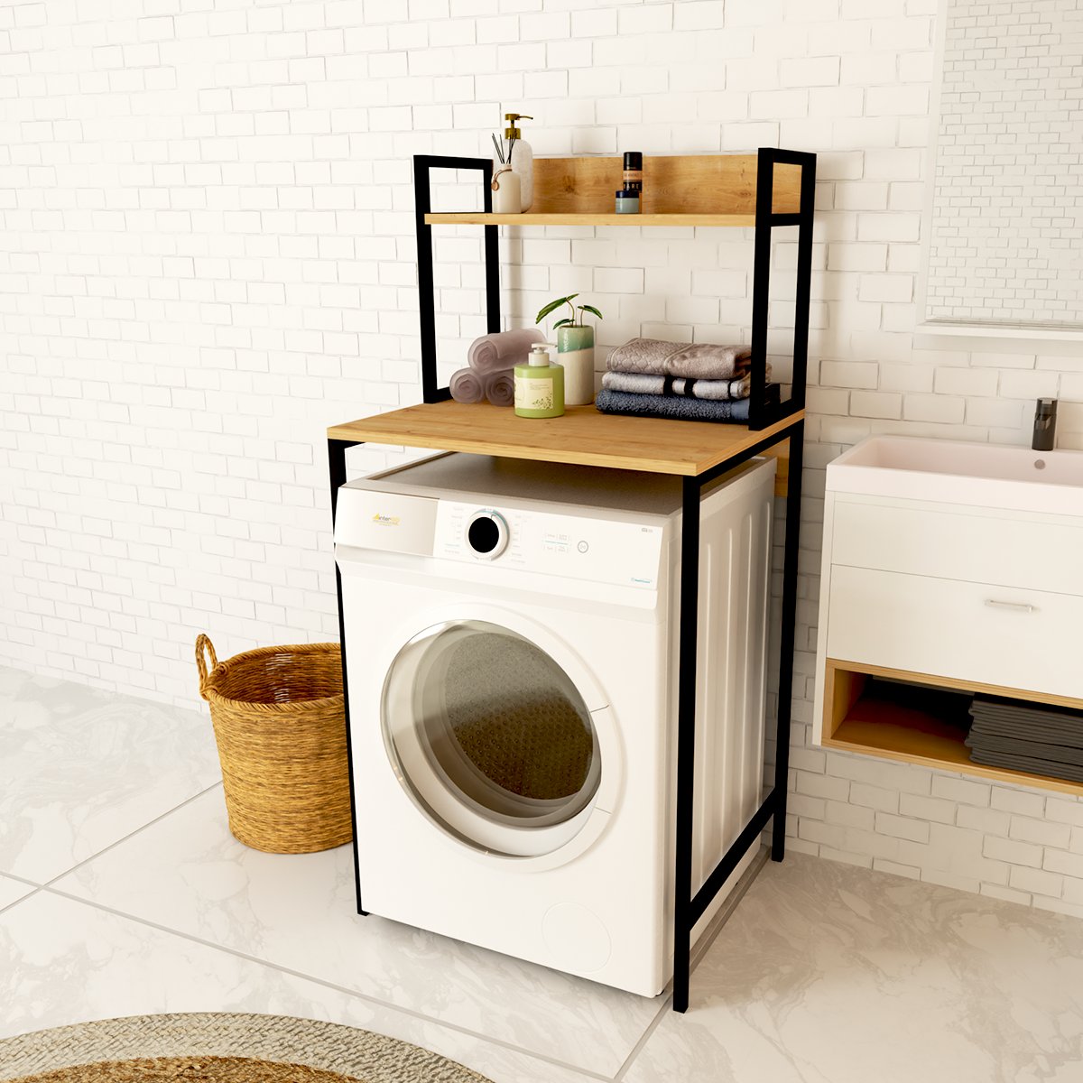 BANO | Çamaşır Makinesi Üstü Organizer | Mini Buzdolabı Üstü Organizer Ahşap Raflı