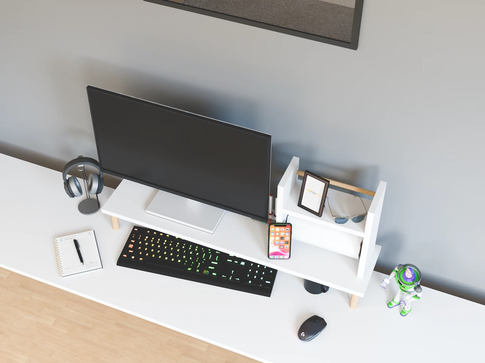 SETO Masaüstü Organizer Set / Monitör Yükseltici Stand / Havluluklu Raf - Beyaz