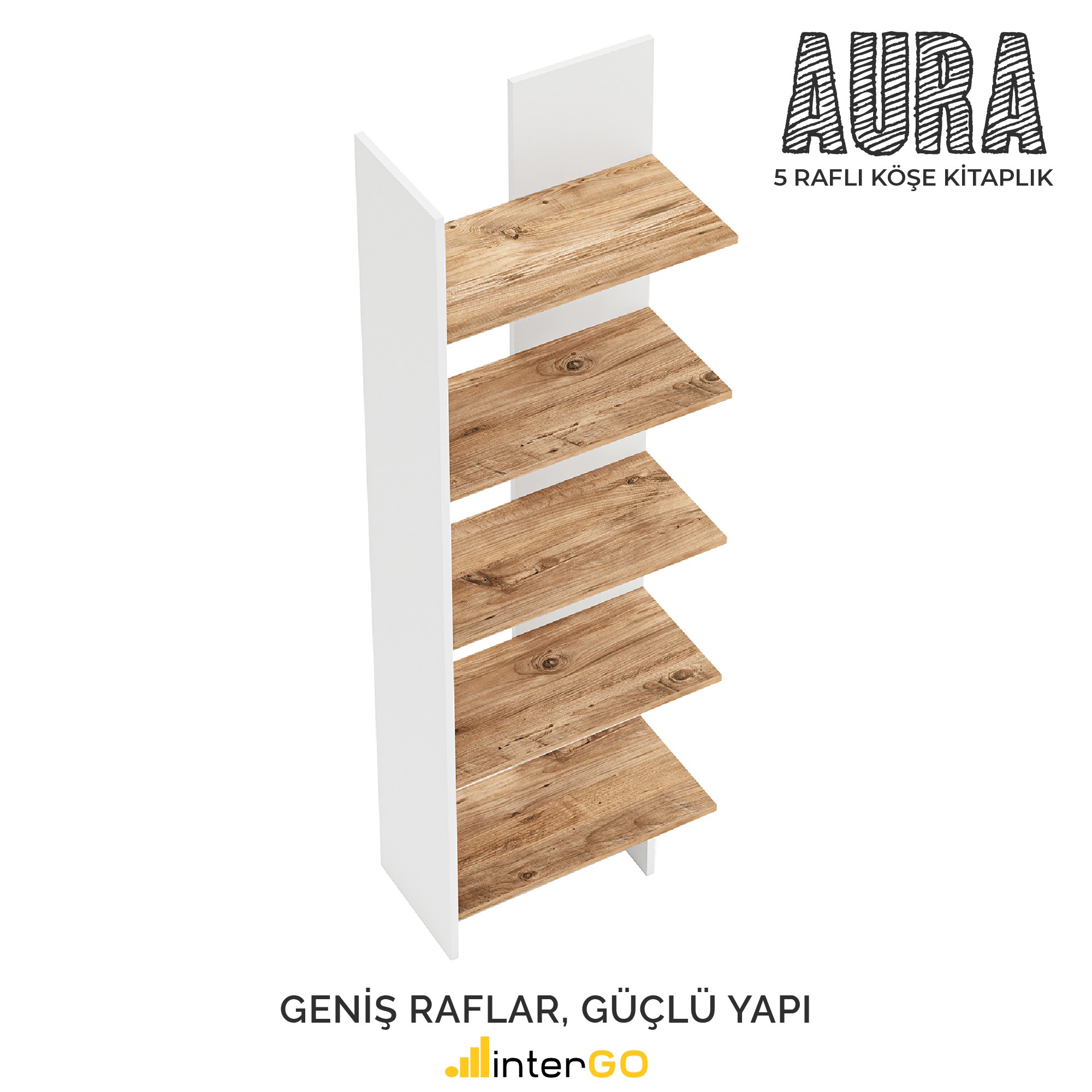 AURA 5 Raflı Kitaplık | Köşe Kitaplık | Asimetrik - Beyaz - Çam