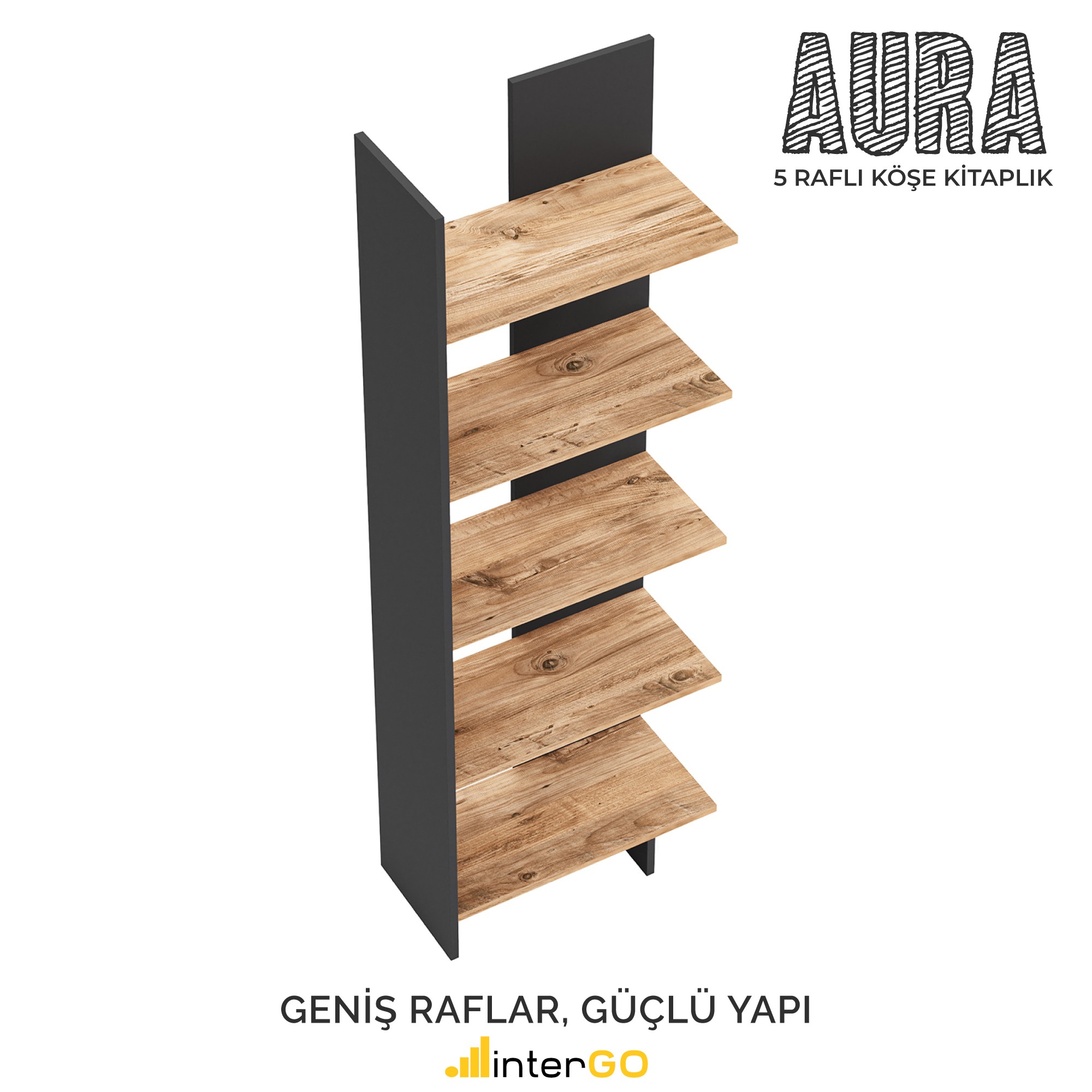 AURA 5 Raflı Kitaplık | Köşe Kitaplık | Asimetrik - Antrasit - Çam