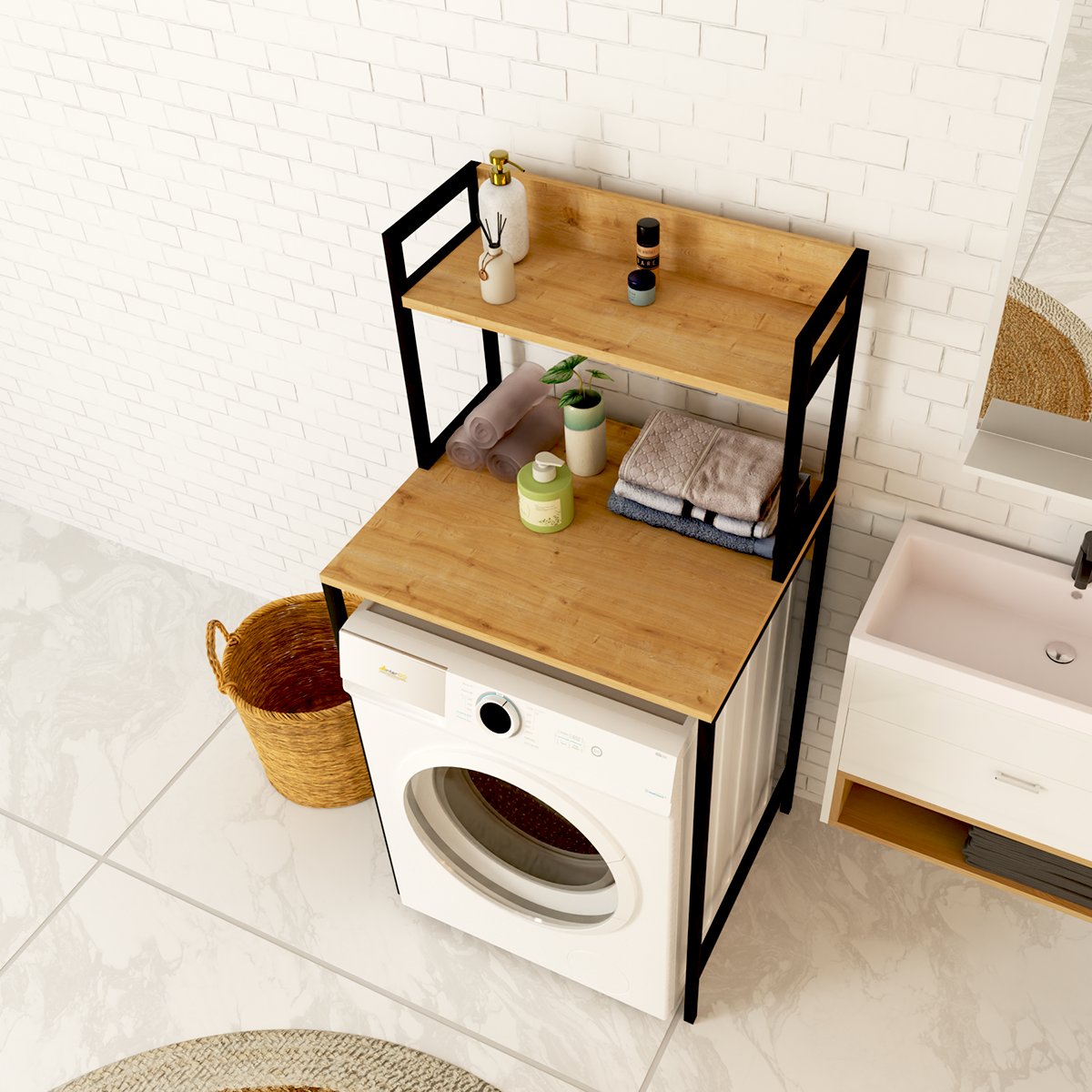 BANO Çamaşır Makinesi Üstü Düzenleyici | Mini Buzdolabı Üstü Düzenleyici Ahşap Raflı