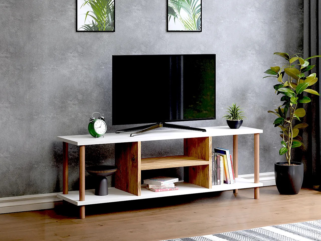 TİVO Modern Televizyon Sehpası 120 cm | Ahşap Ayaklı Raflı Tv Sehpası - Beyaz - Çam