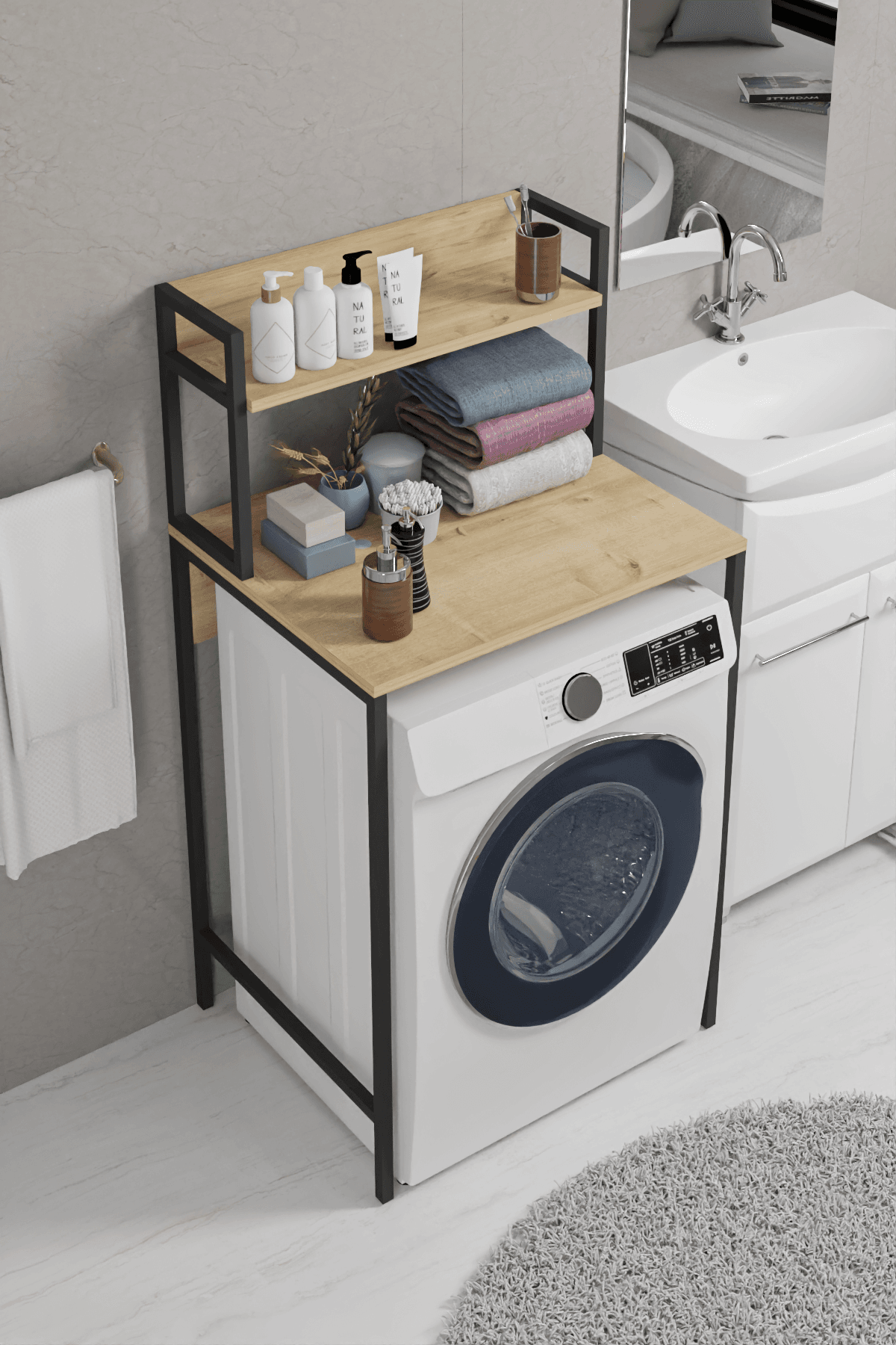 BANO | Çamaşır Makinesi Üstü Organizer | Mini Buzdolabı Üstü Organizer Ahşap Raflı