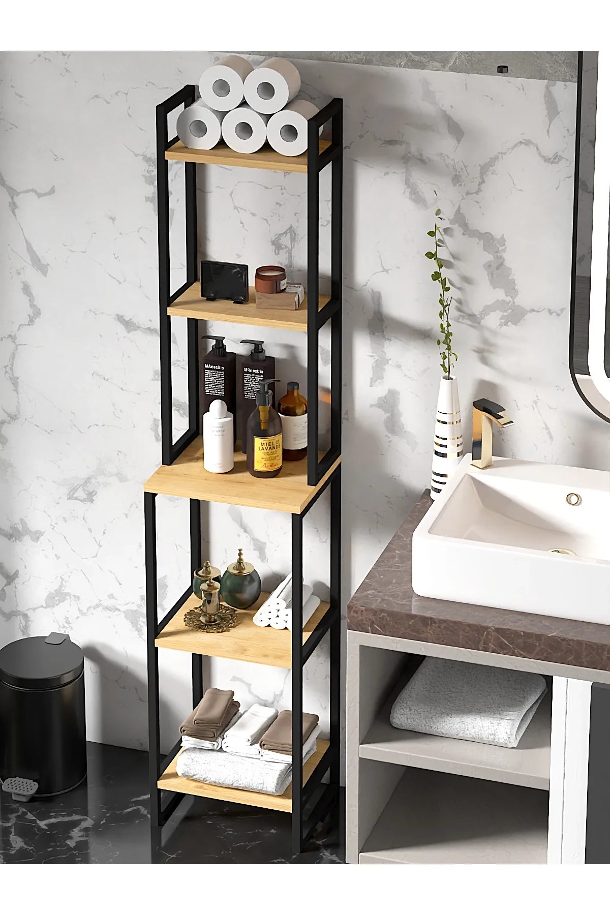 ORGO | 5 Raflı Banyo Düzenleyici | Metal Mutfak Rafı | Çok Amaçlı Organizer - Çam