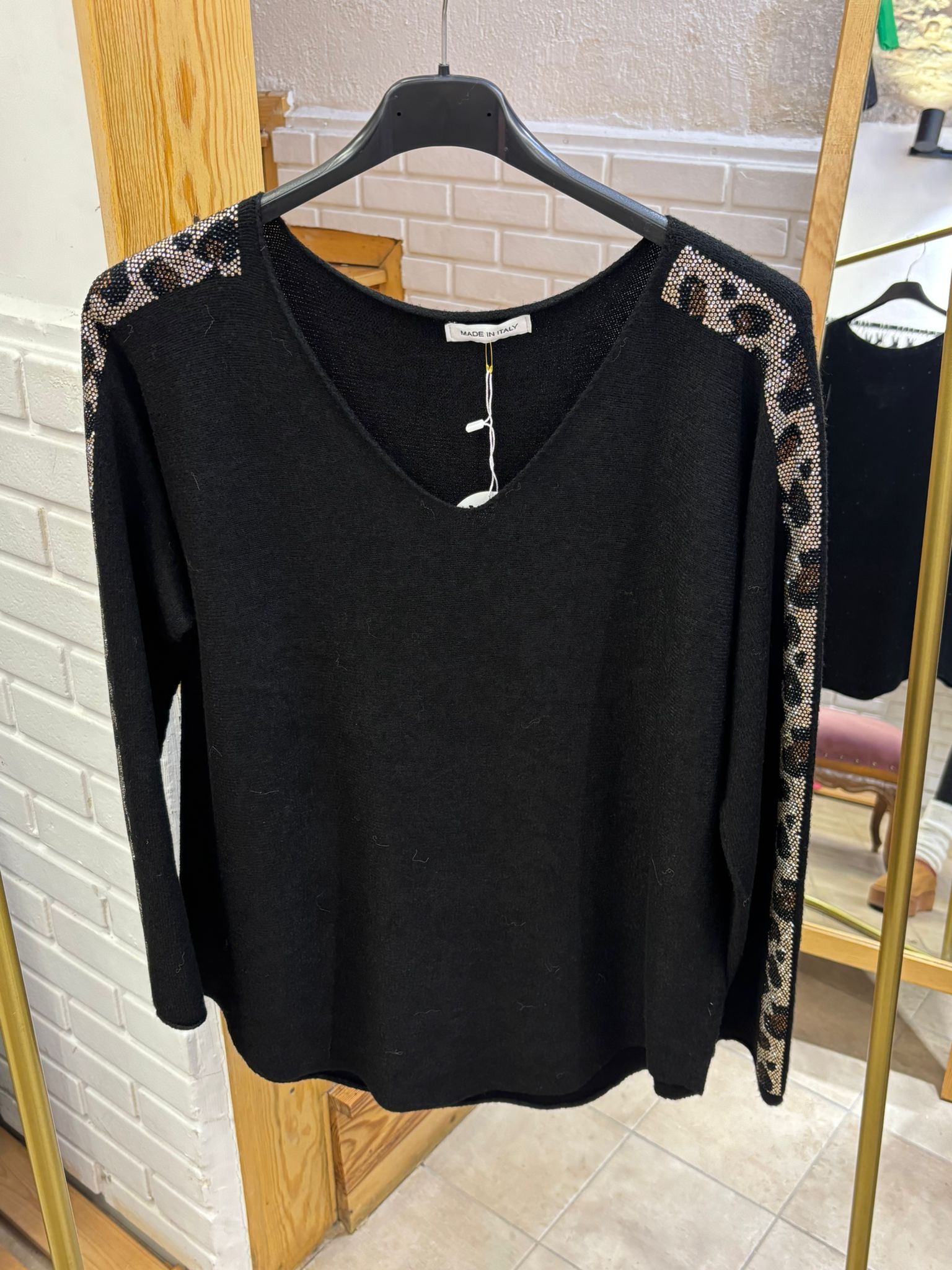 Leopar Detay Kolu Taşlı Triko