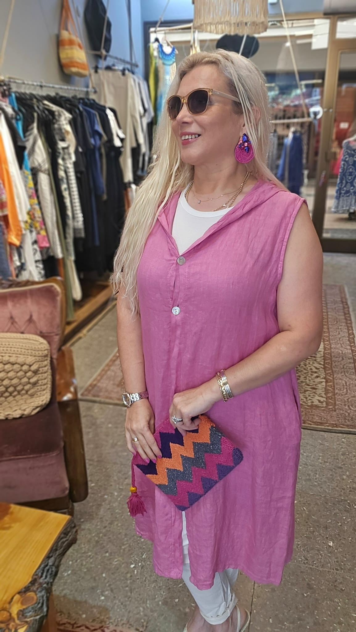 UZUN KETEN YELEK - PEMBE