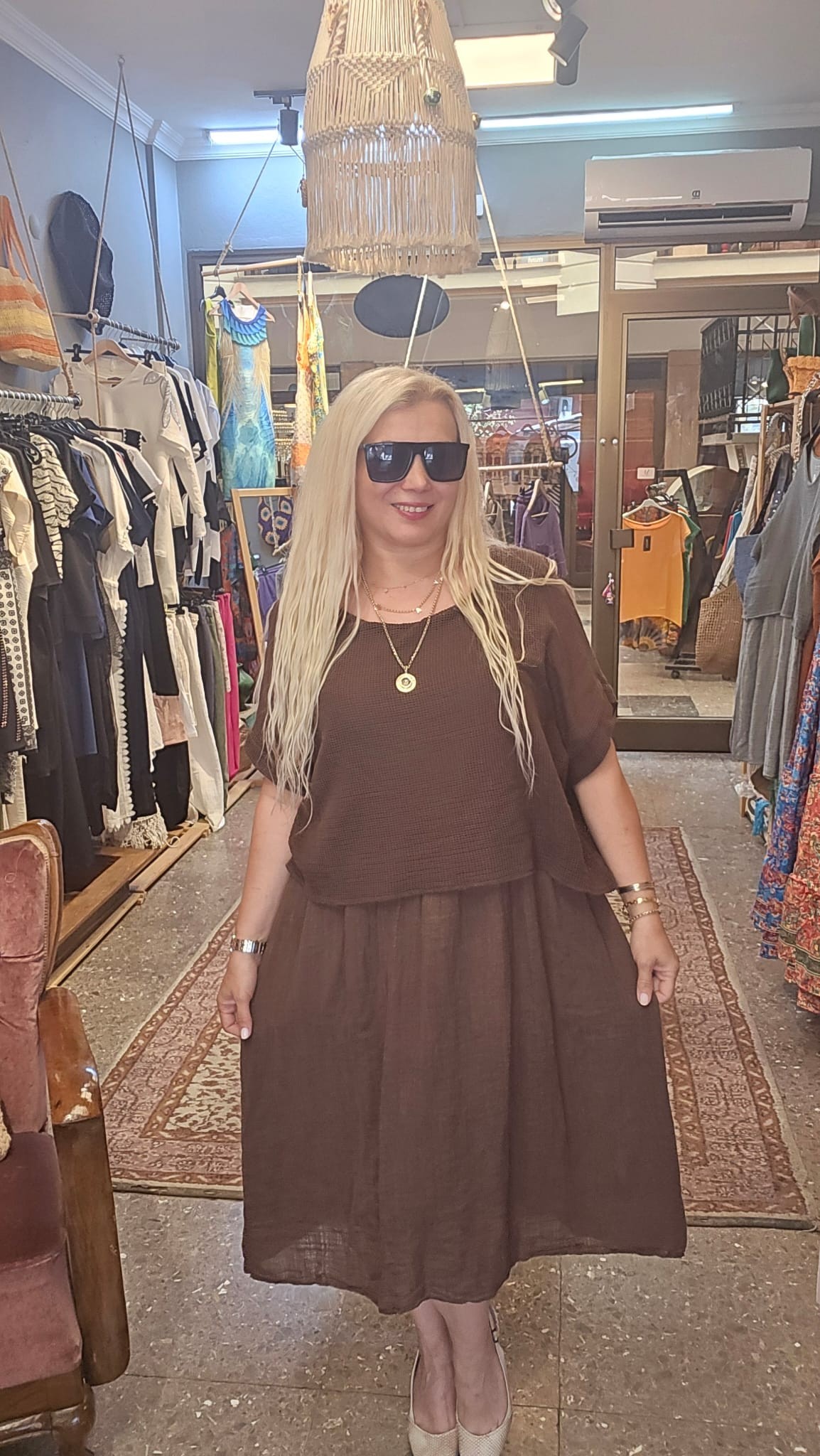 FİLELİ KETEN ELBİSE KAHVE