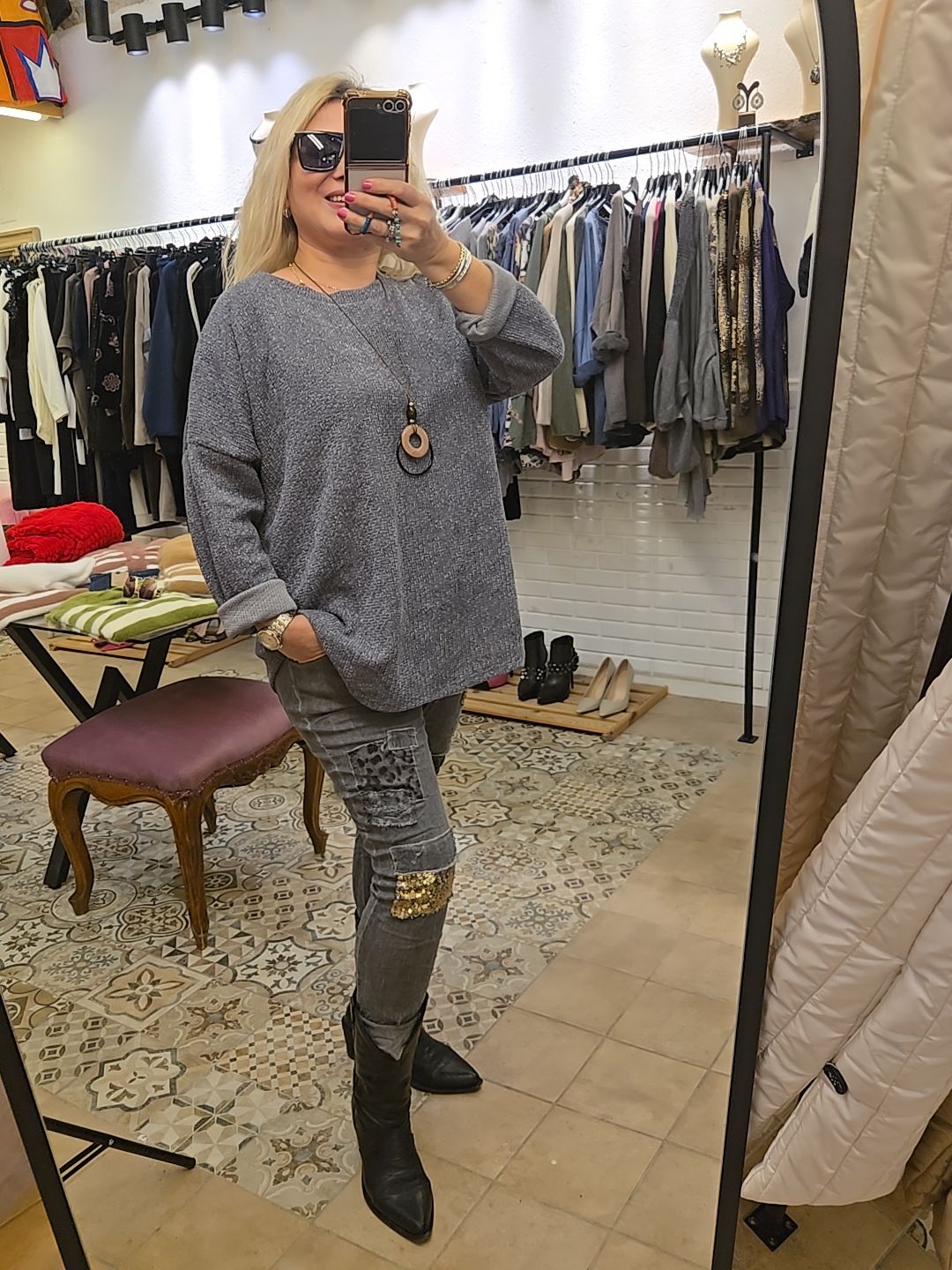 Gri Pul Detay Pantolon