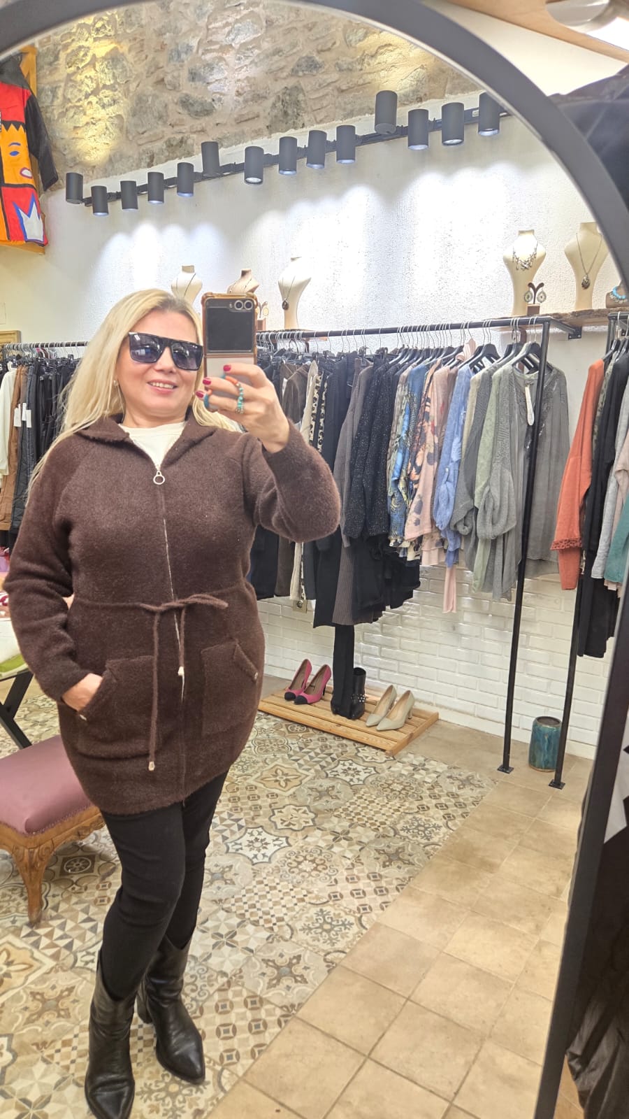 Angora Fermuarlı Uzun Ceket  - Kahverengi