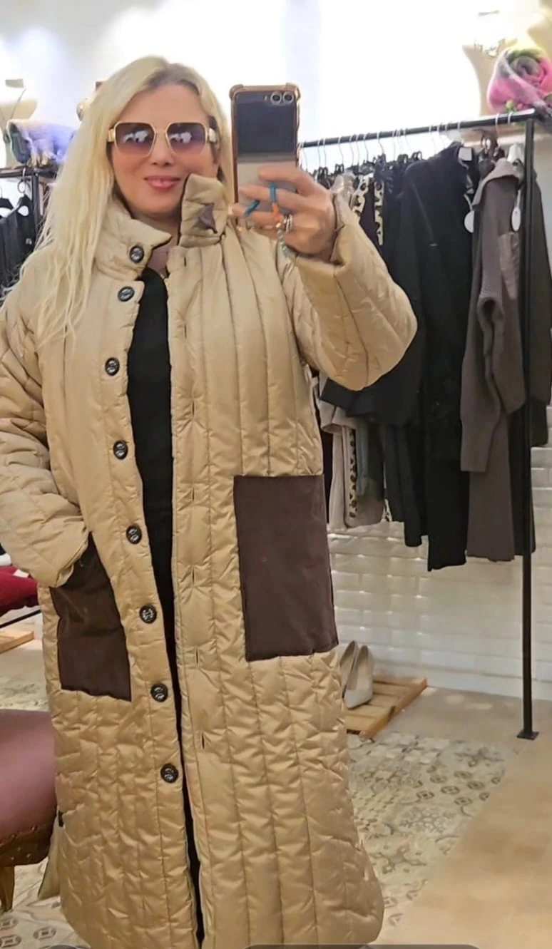 Krem Kadife Detay Uzun Şişme Mont 