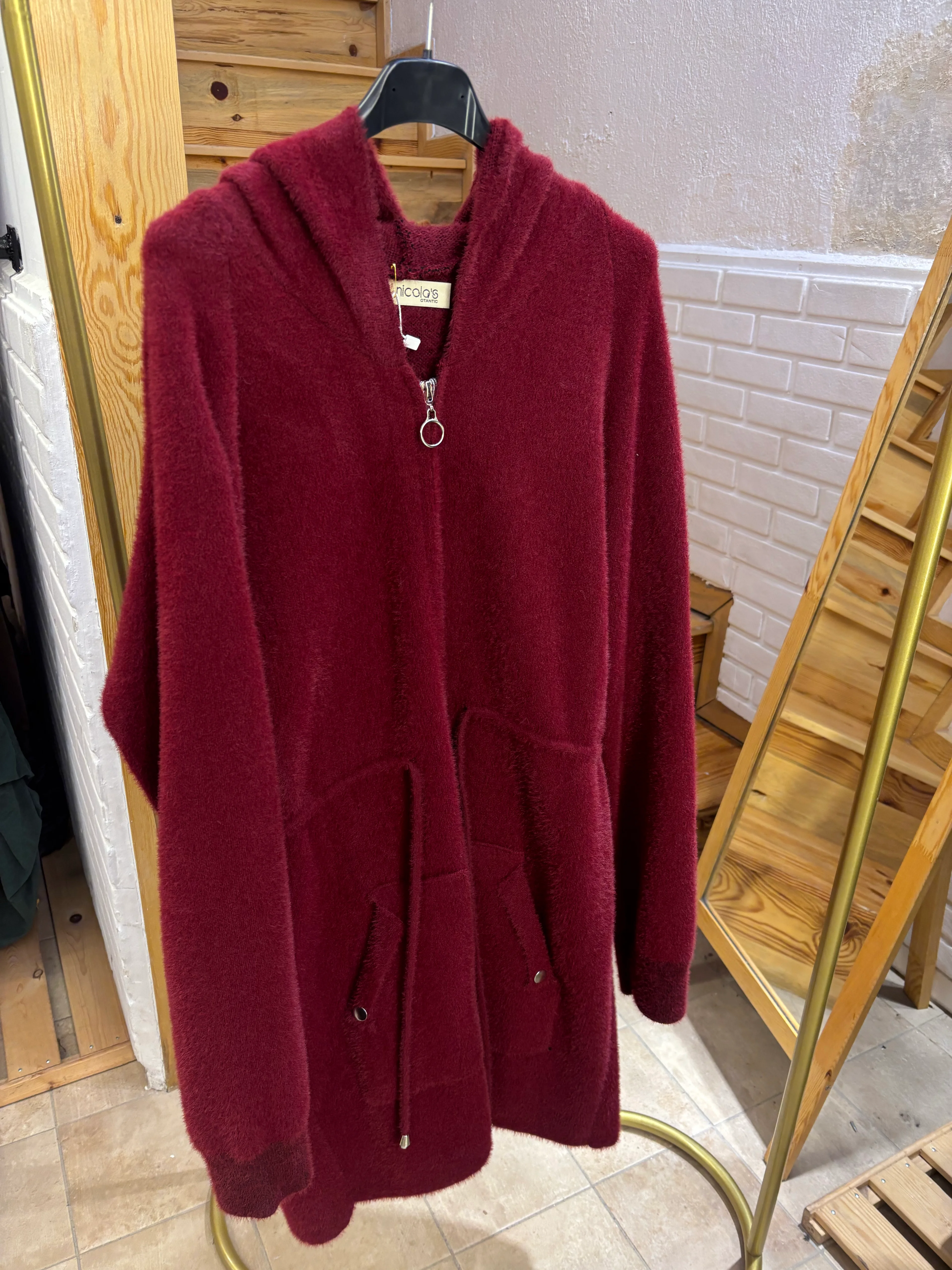 Angora Fermuarlı Uzun Ceket  - Bordo