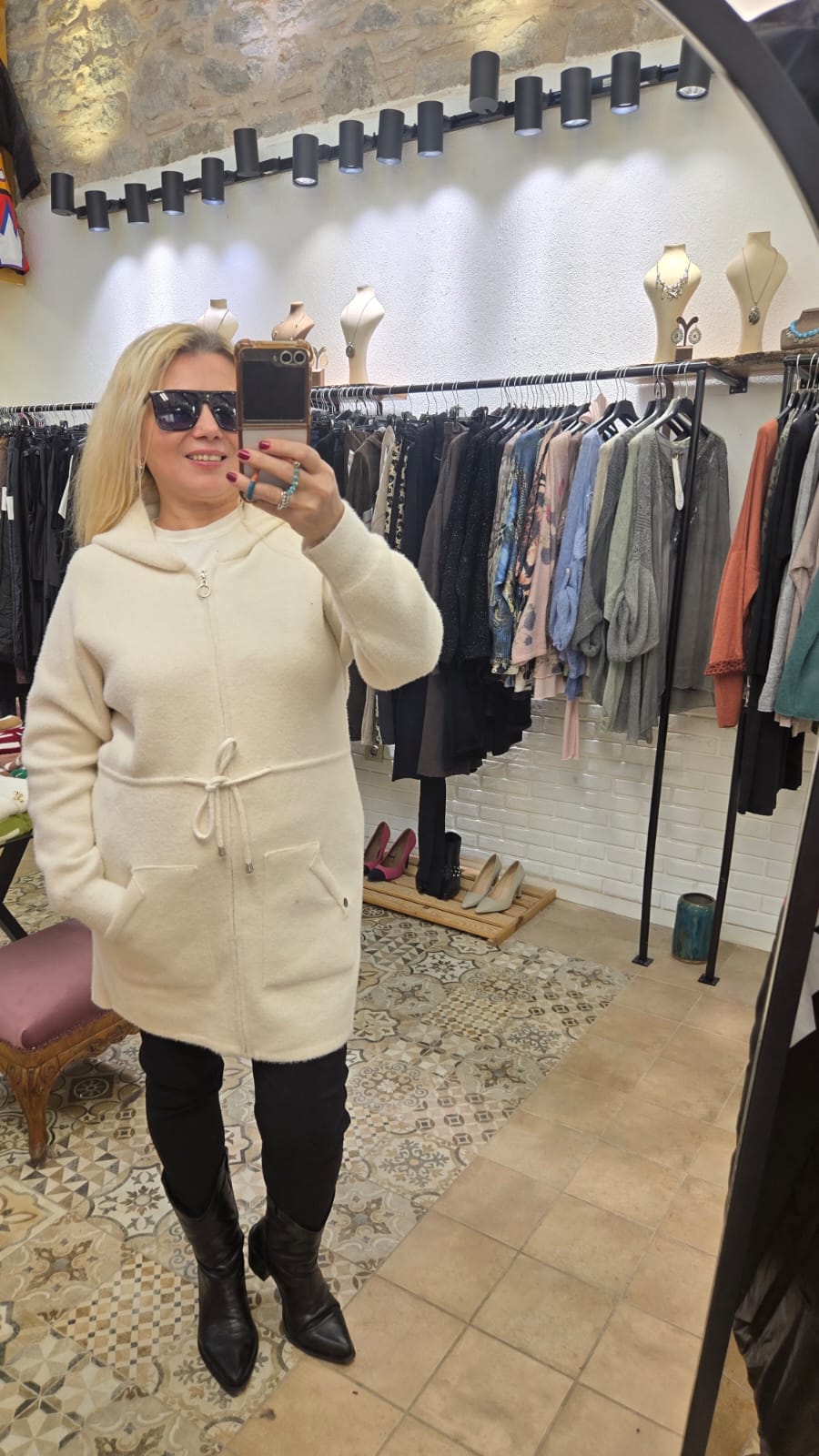 Angora Fermuarlı Uzun Ceket  - Beyaz