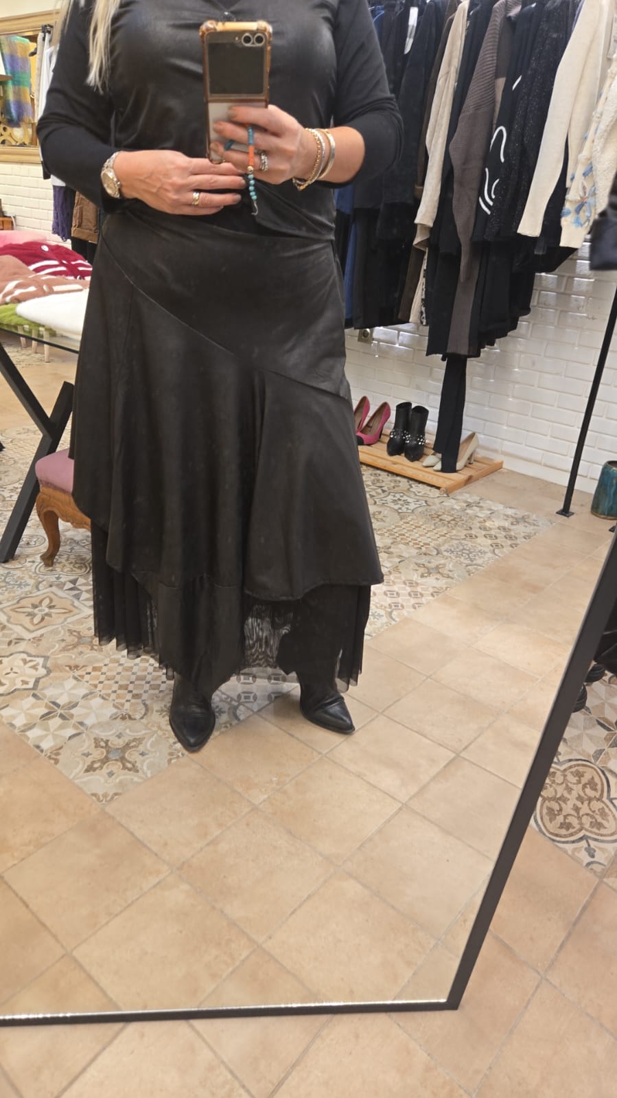 Deri Tül Detaylı Etek 