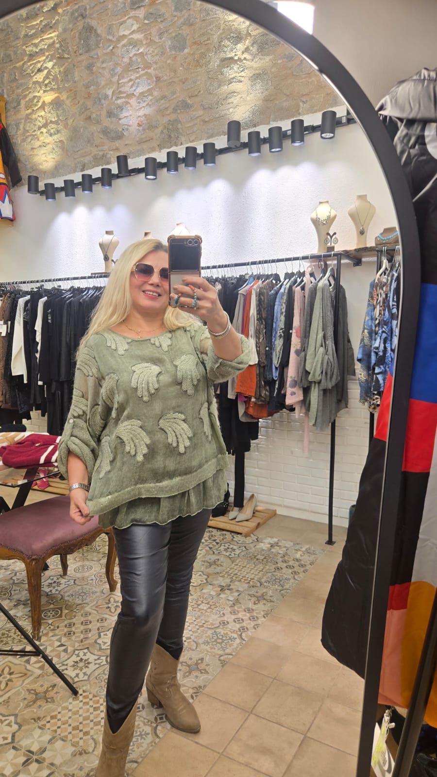 Pul ve Tül Detay Triko  - YEŞİL