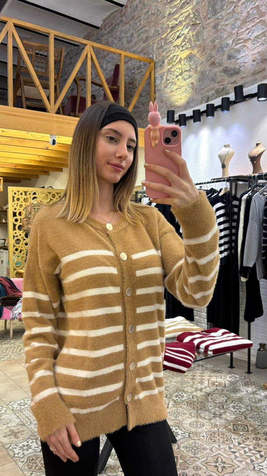 Şerit Detay Angora Hırka-Sütlü Kahve