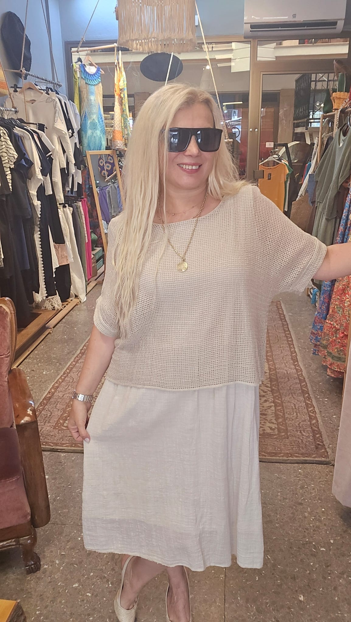 FİLELİ KETEN ELBİSE ECRU