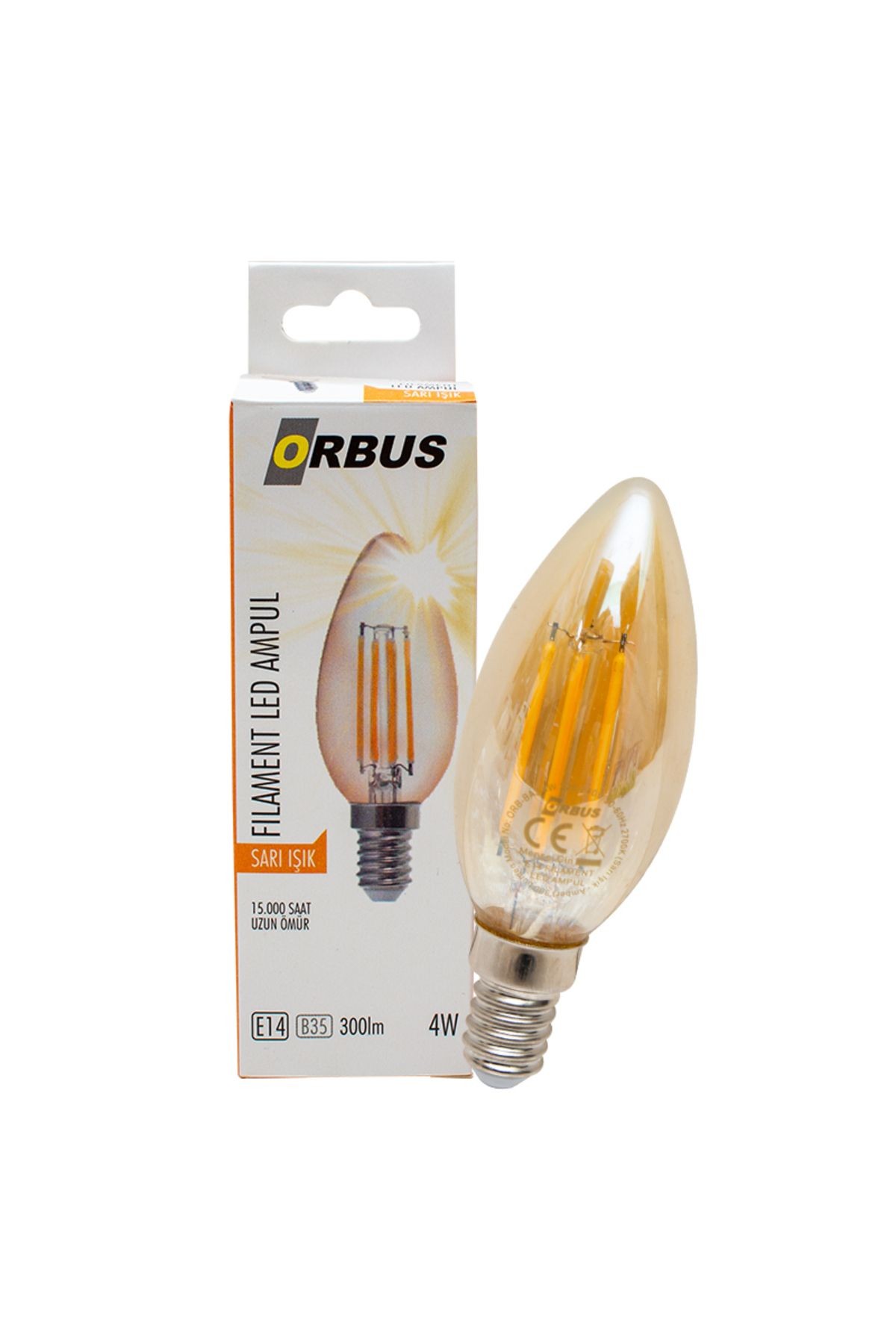 "10 ADET" ORB-BA3 FILAMENT BULB B35 E14 4 WATT E14 300 LÜMEN AMBER SARI LED AMPÜL (10 ADET)