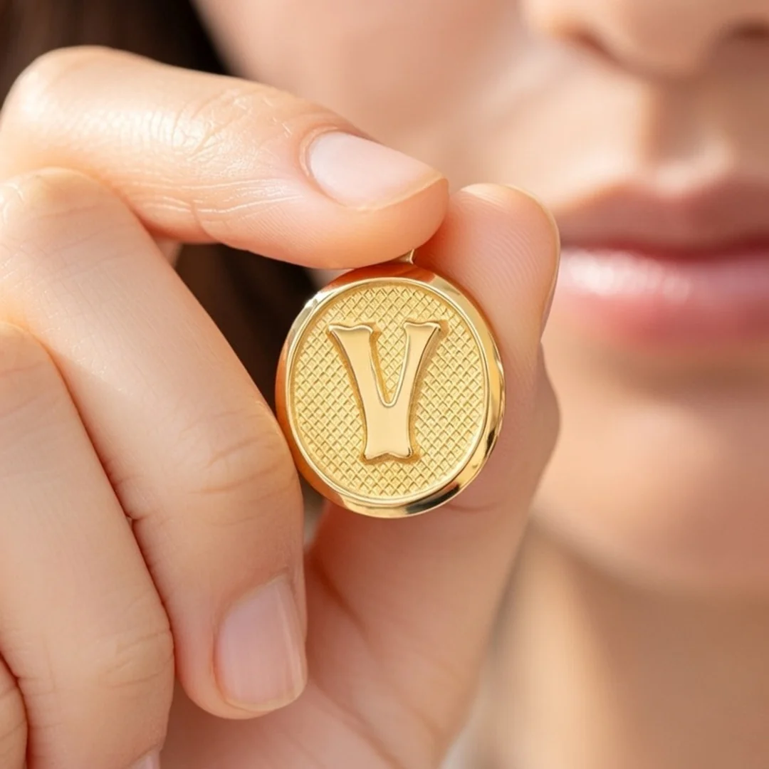 14 Ayar Altın Vintage Oval Harf Kolye Ucu V Harfi