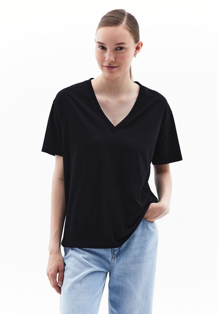 V Yaka Relaxed Fit Kısa Kollu Tişört - Siyah