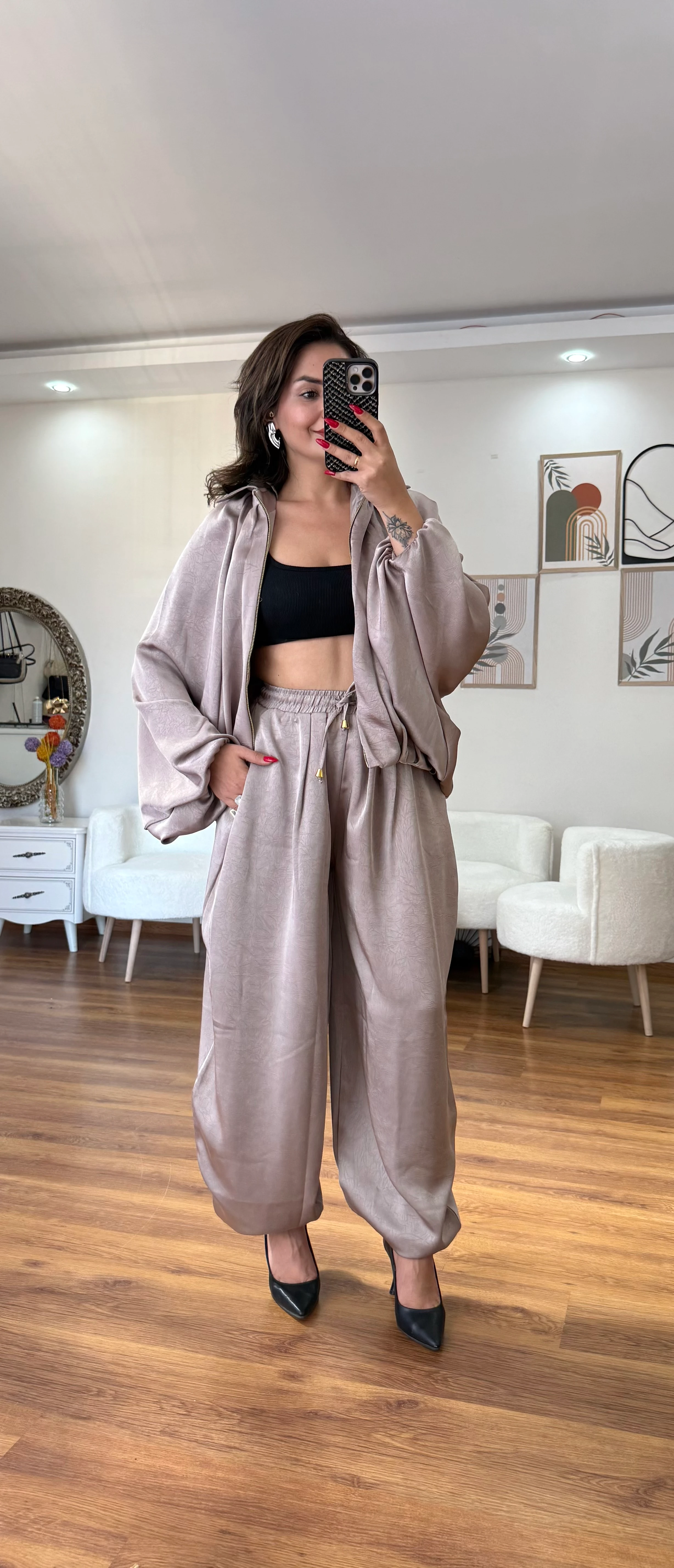 SATEN BOMBER CEKET PANTOLON TAKIM - bej